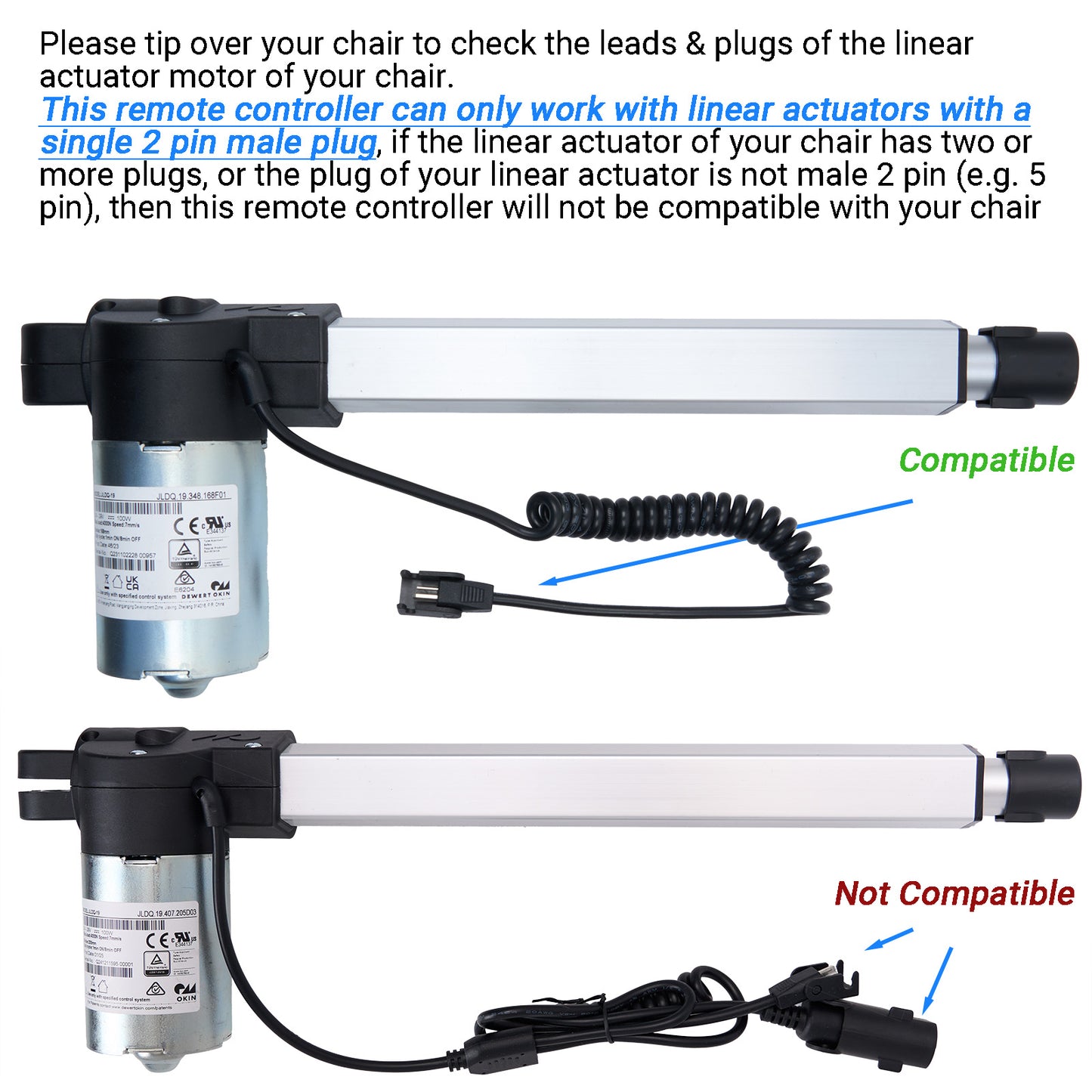 Two-Button Dual 2-Pin Plug Remote Controller for Recliner/Lift Chairs