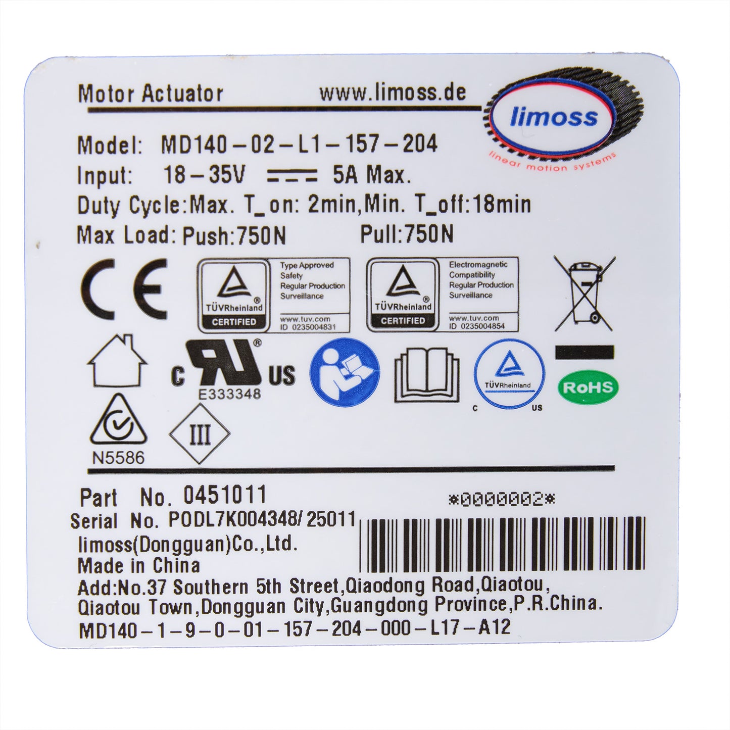Limoss 451011 MD140-02-L1-157-204 Linear Actuator for Recliner/Lift Chair