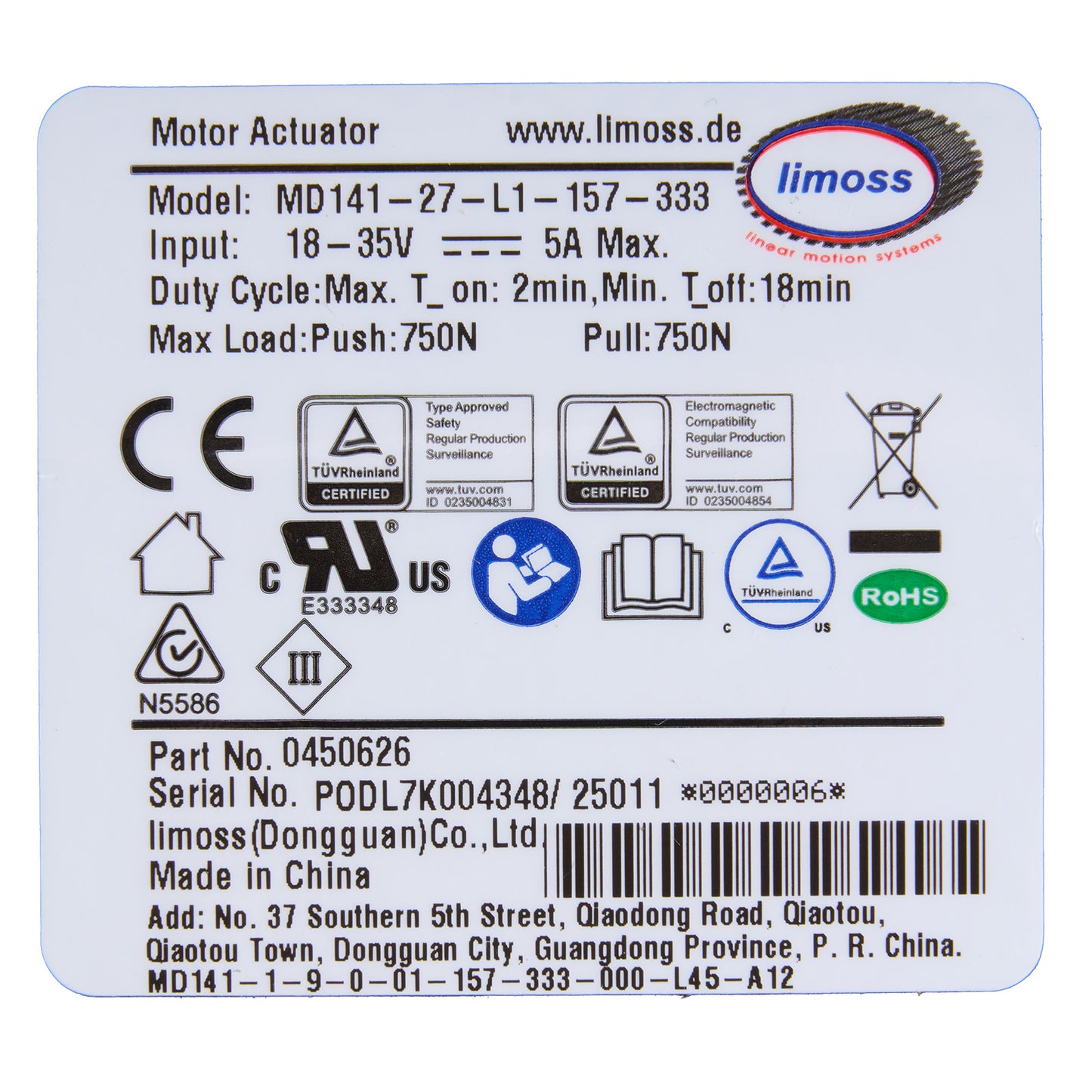 Limoss 450626 MD141-27-L1-157-333 Linear Actuator for Recliner/Lift Chair