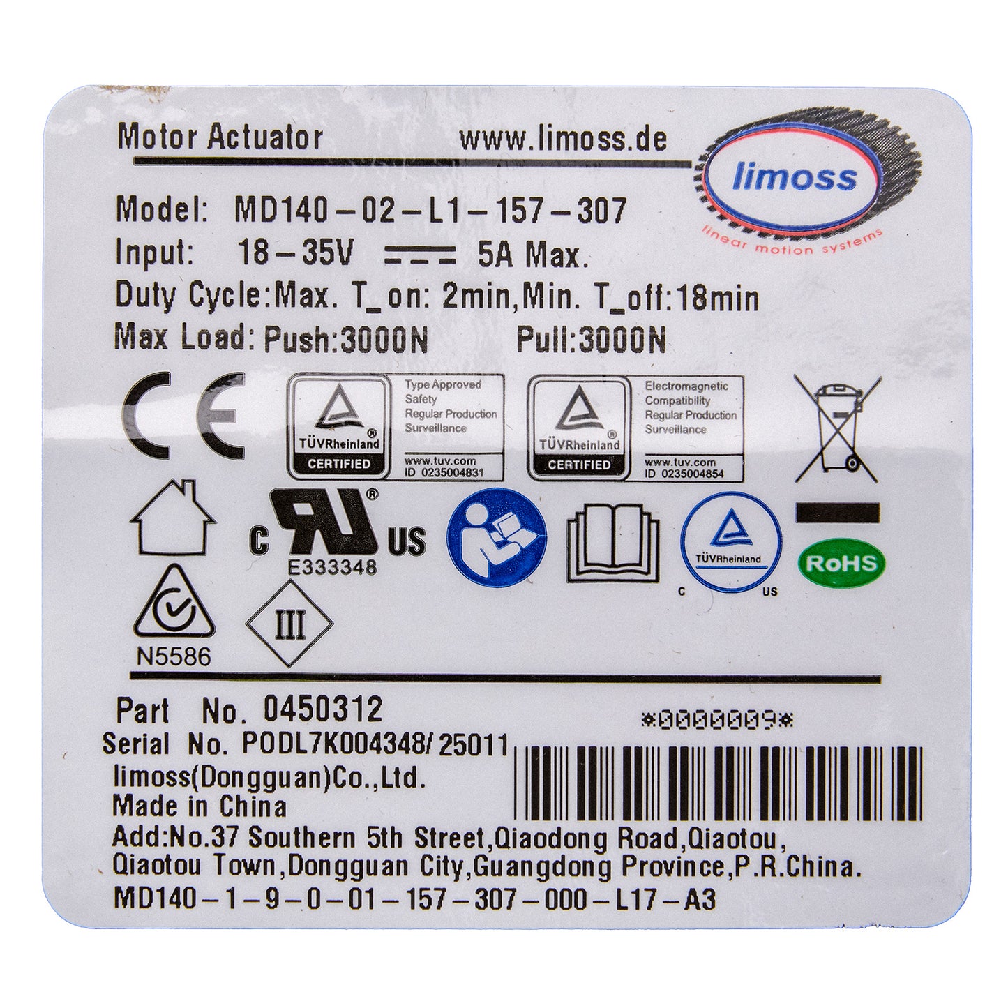 Limoss 450312 MD140-02-L1-157-307 Linear Actuator for Recliner/Lift Chair