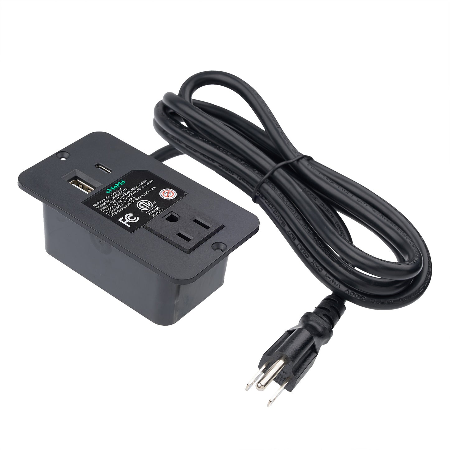 eMoMo HX66P2UR Furniture Recessed Power Strip with AC Outlet, USB & Type C