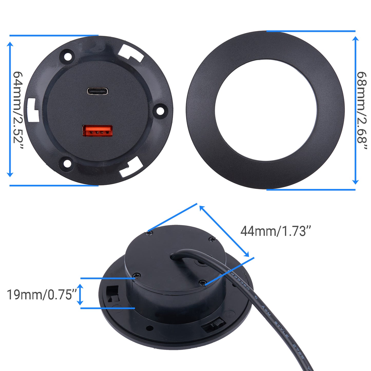 Round Furniture USB Charger (Type-A + Type-C) ϕ 68mm 20W PD 3.0 Fast Charging with Power Adapter
