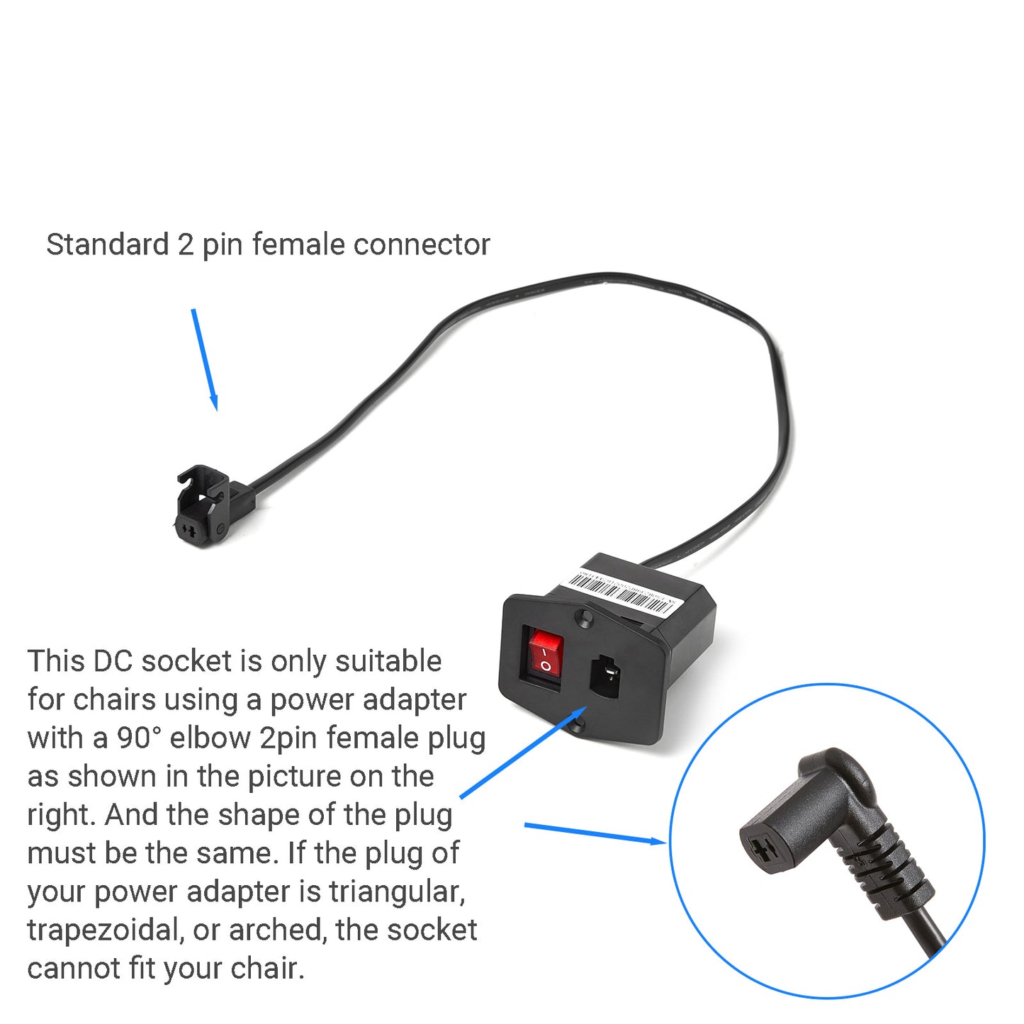 Fixed DC Power Socket with Switch for Power Recliners and Motion Furniture