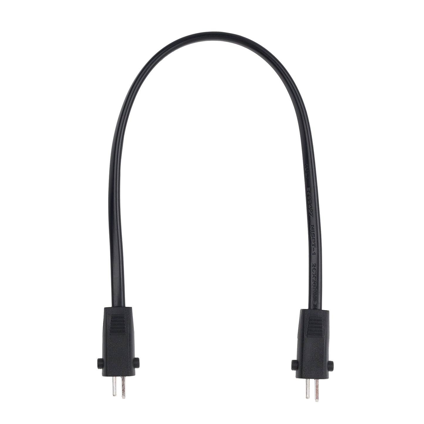 Black cable with two connectors on a white background