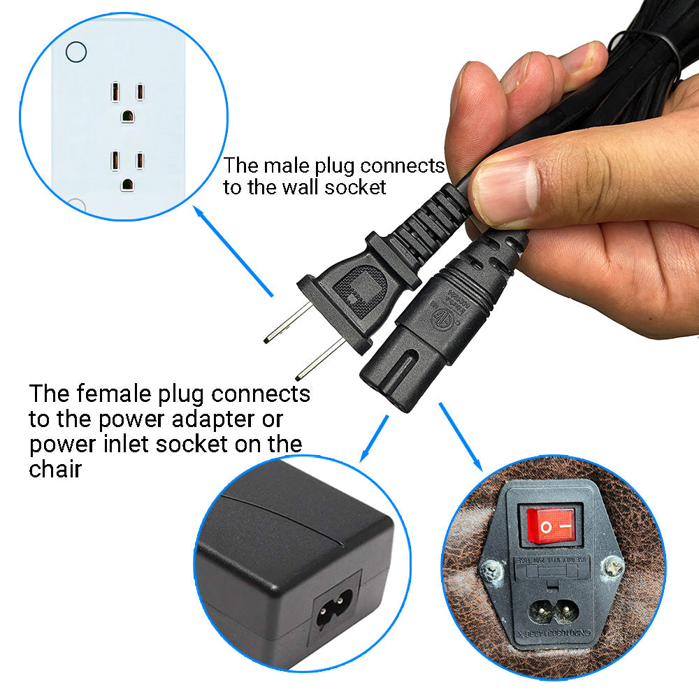 AC Power Cable for Recliner Lift Chair from Wall to Power Adapter 2 Prong 180cm/5.9ft