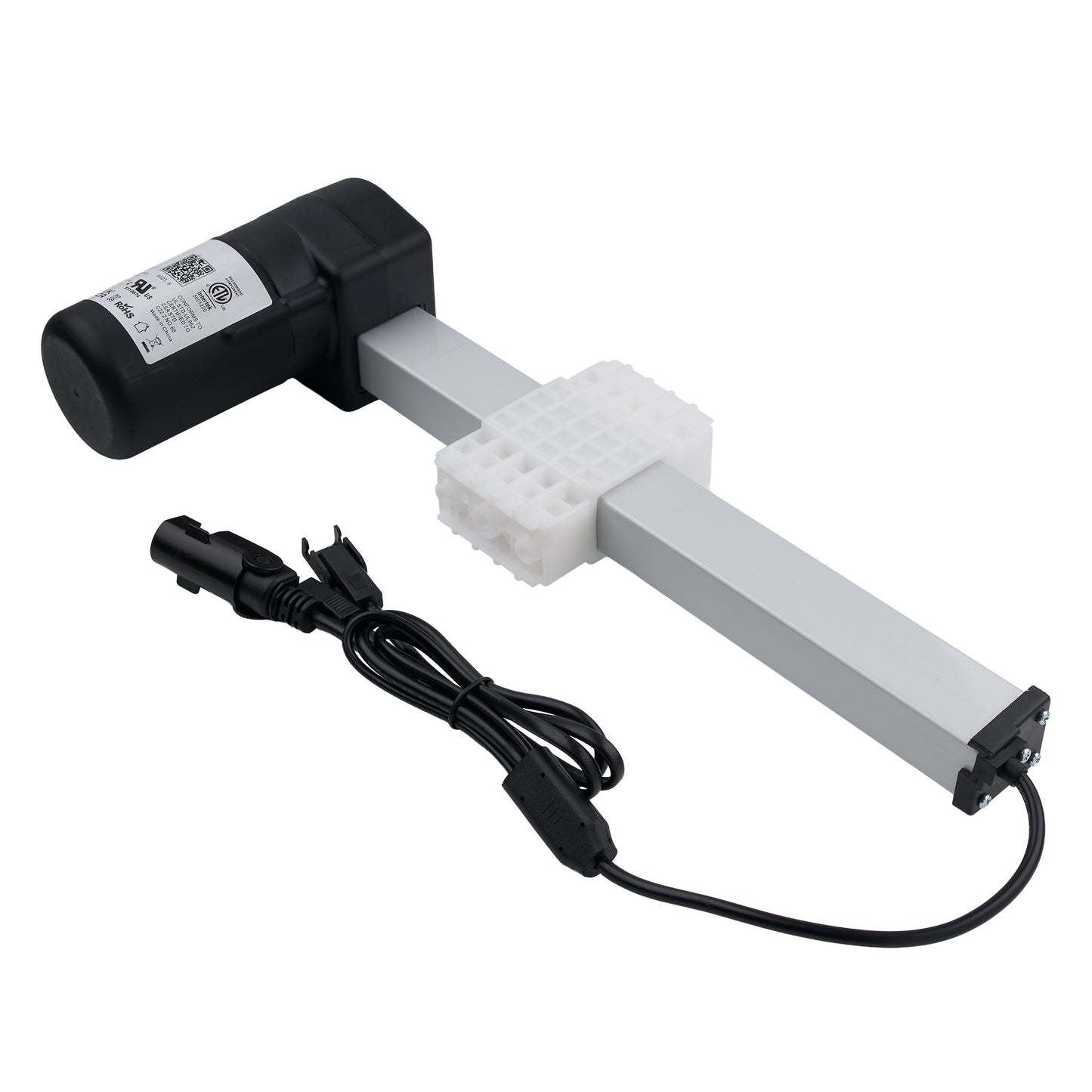 Electric door opener with a black handle and white actuator on a white background