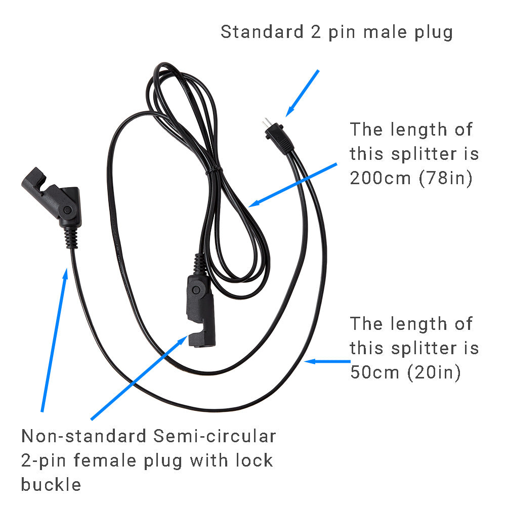 2 Pin Splitter Y Cable Male to Semi-circular 2-pin female plug with lock buckle