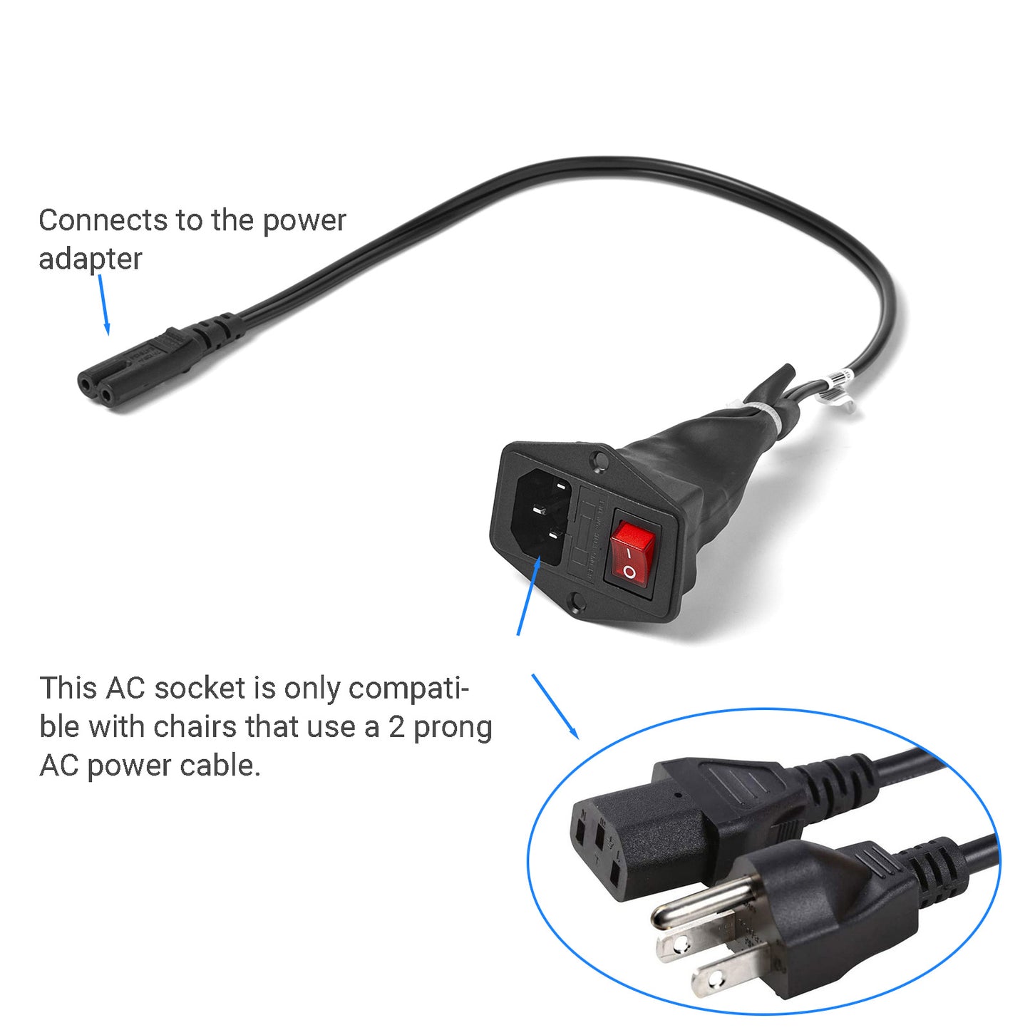 2 Prong AC Power Socket with Switch for Power Recliners and Motion Furniture CN201630314986 X