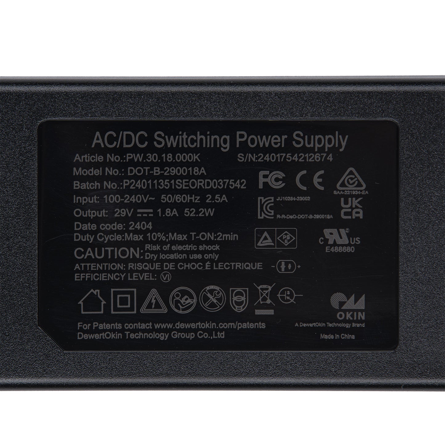OKIN PW.30.18.000K 2-Pin Plug Power Adapter for Adjustable Bed DOT-B-290018A