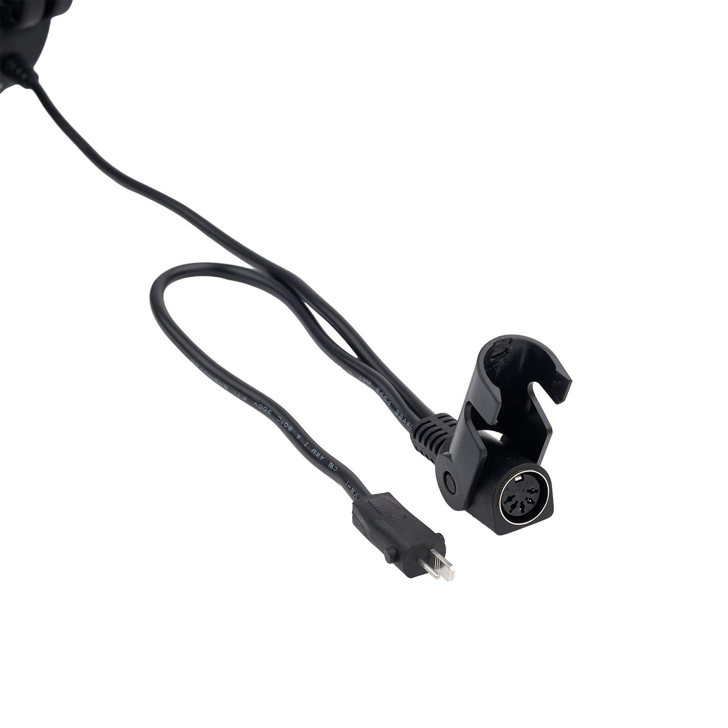 Black audio cable with a plug on a white background