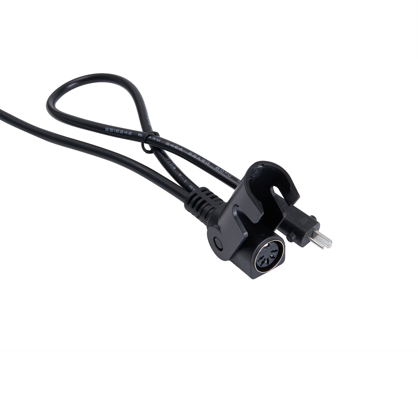 Black power cord with plug on a white background