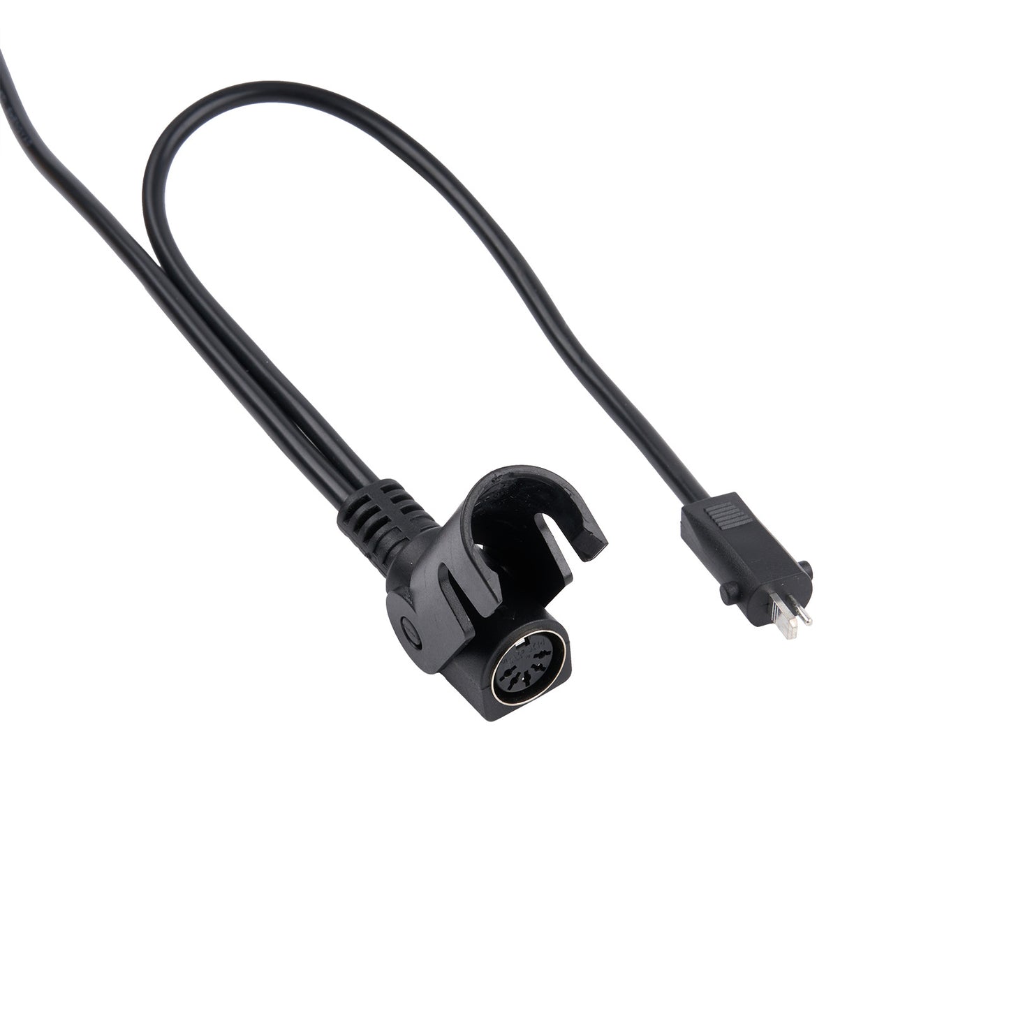 Black audio cable with plug on a white background