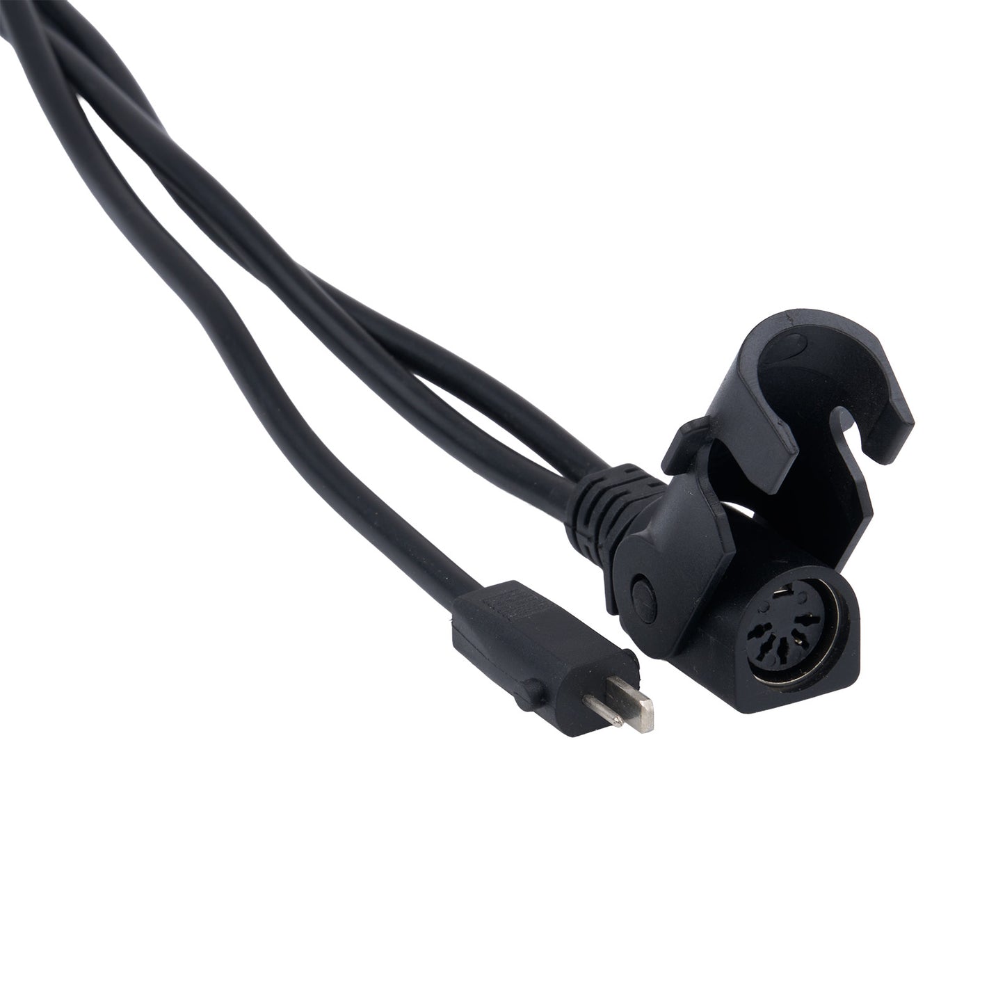 Black audio cable with plug and connector on a white background