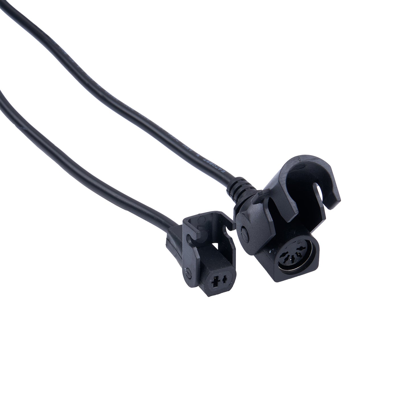 Black electrical cable with connectors on a white background