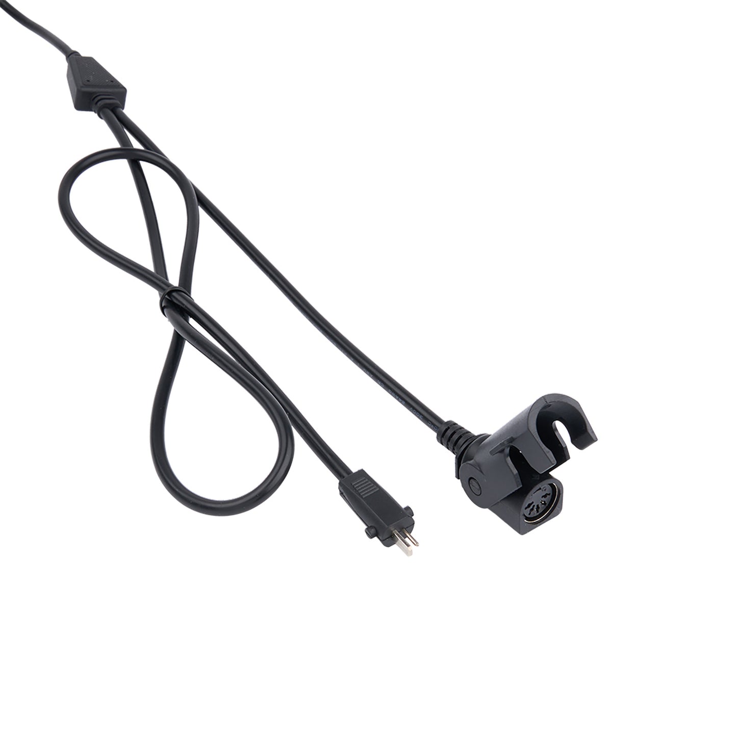 Black cable with plug on a white background