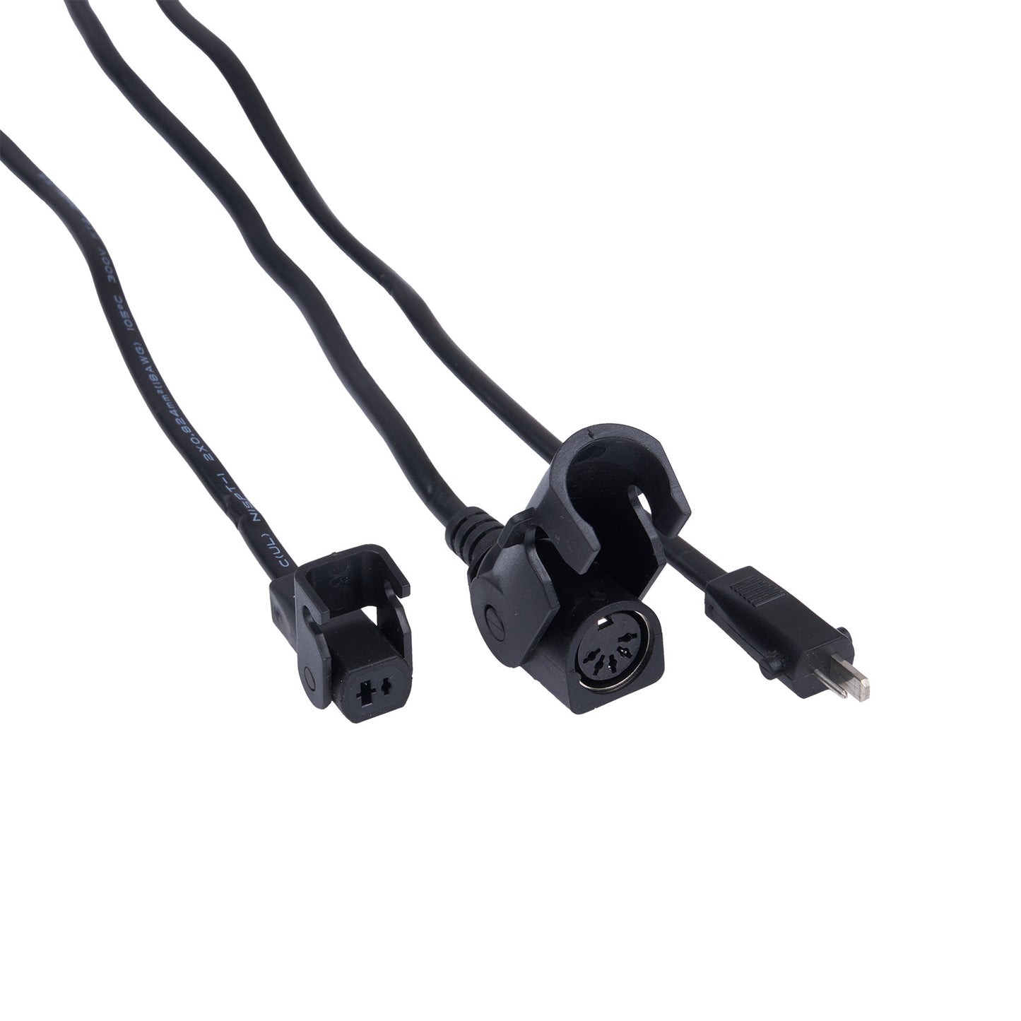 Black electrical cable with various connectors on a white background