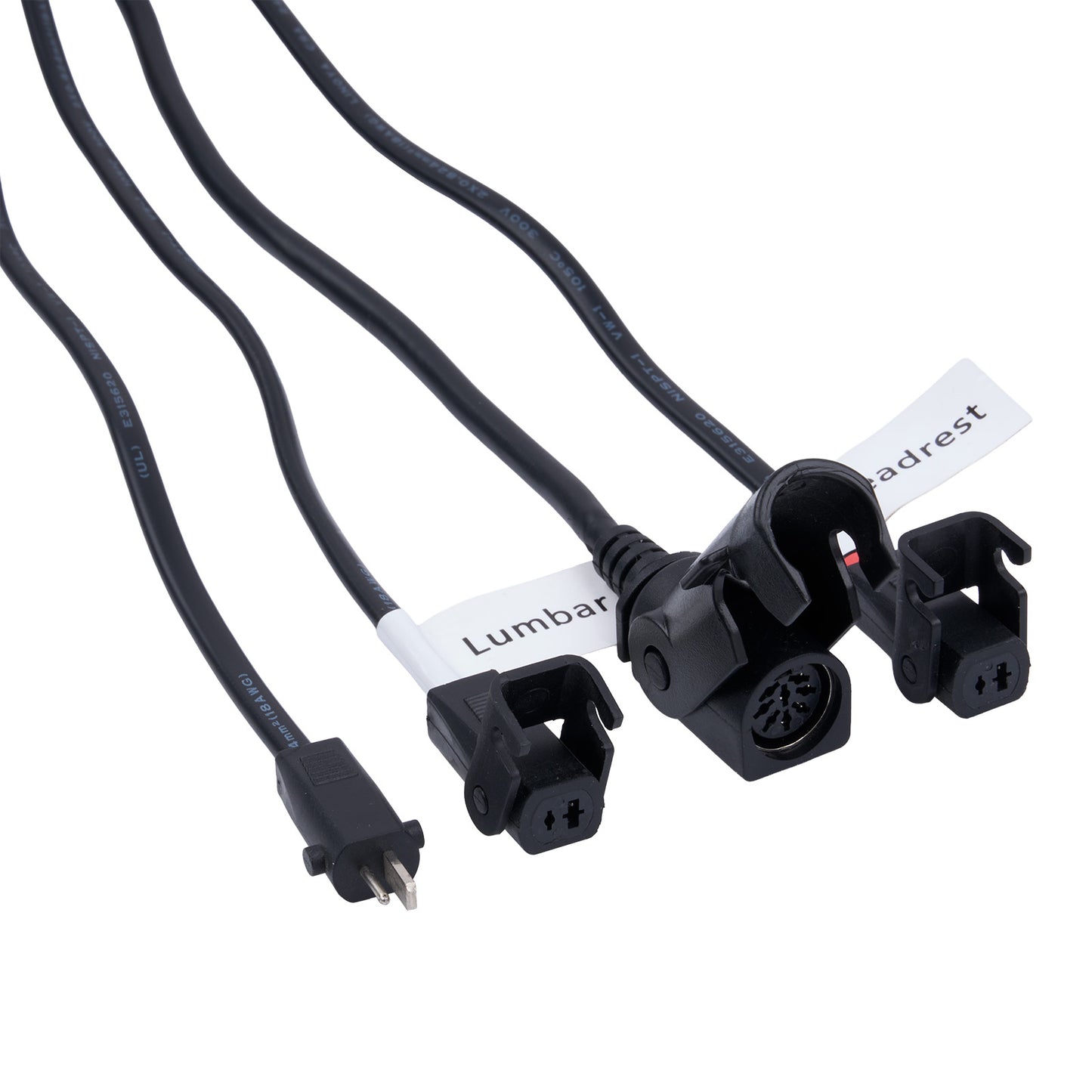 Black electrical connectors with labels on a white background