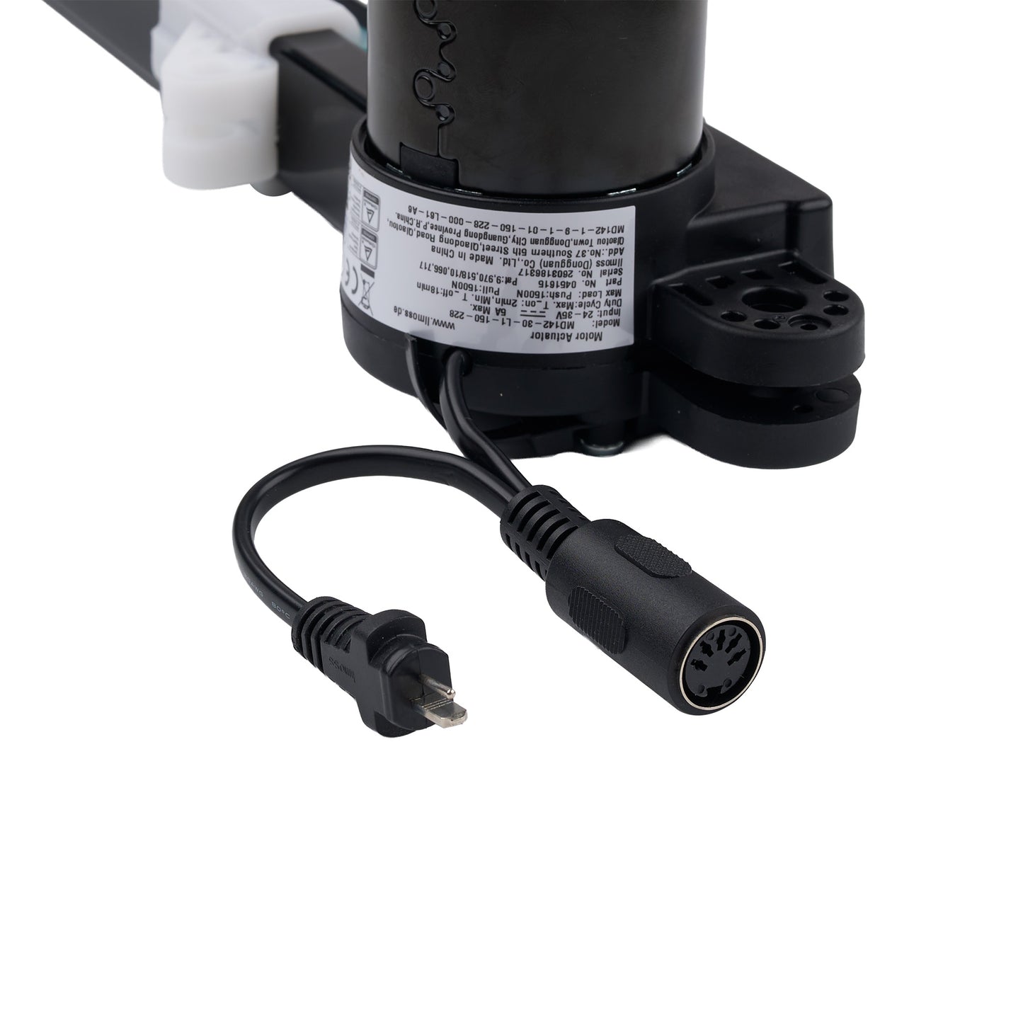 Black electronic component with power cord on a white background