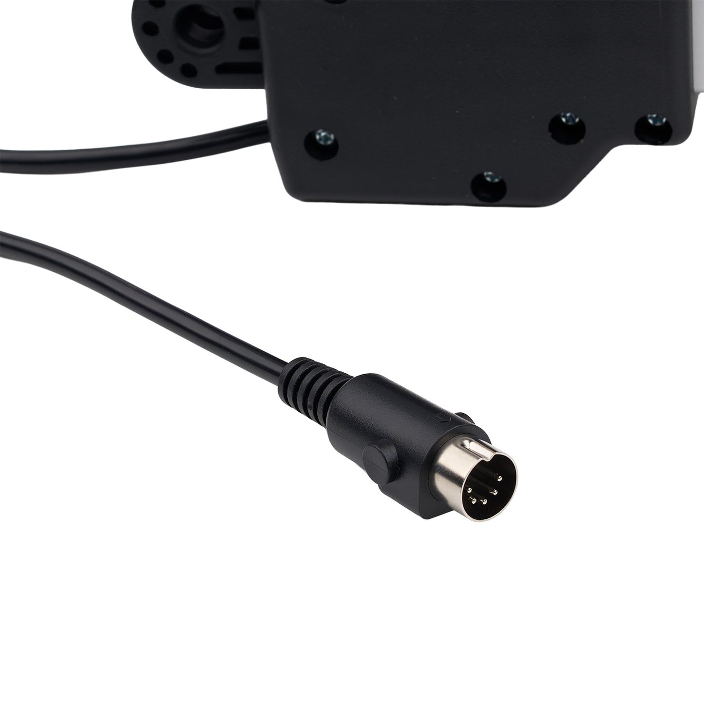 Black cable connector on a white background
