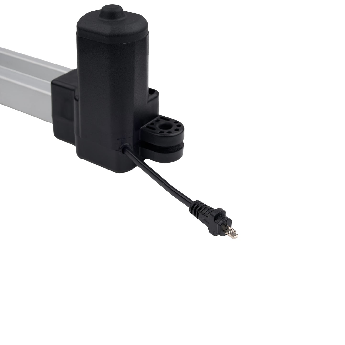 Black actuator with cable on a white background
