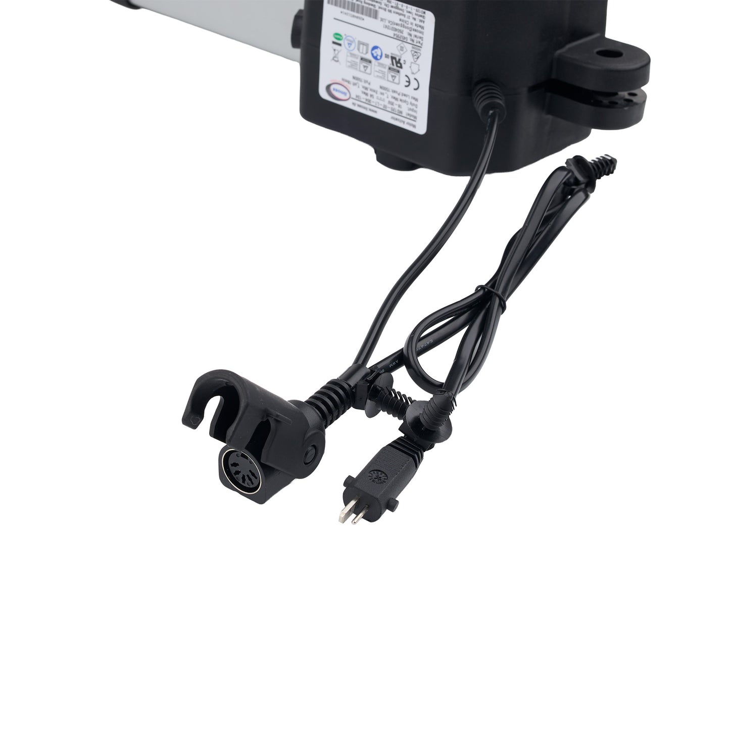 Electrical component with power cord and connectors on a white background