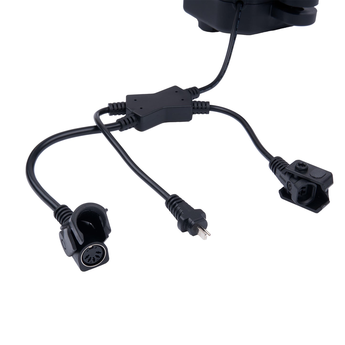 Black electrical cord with various connectors on a white background