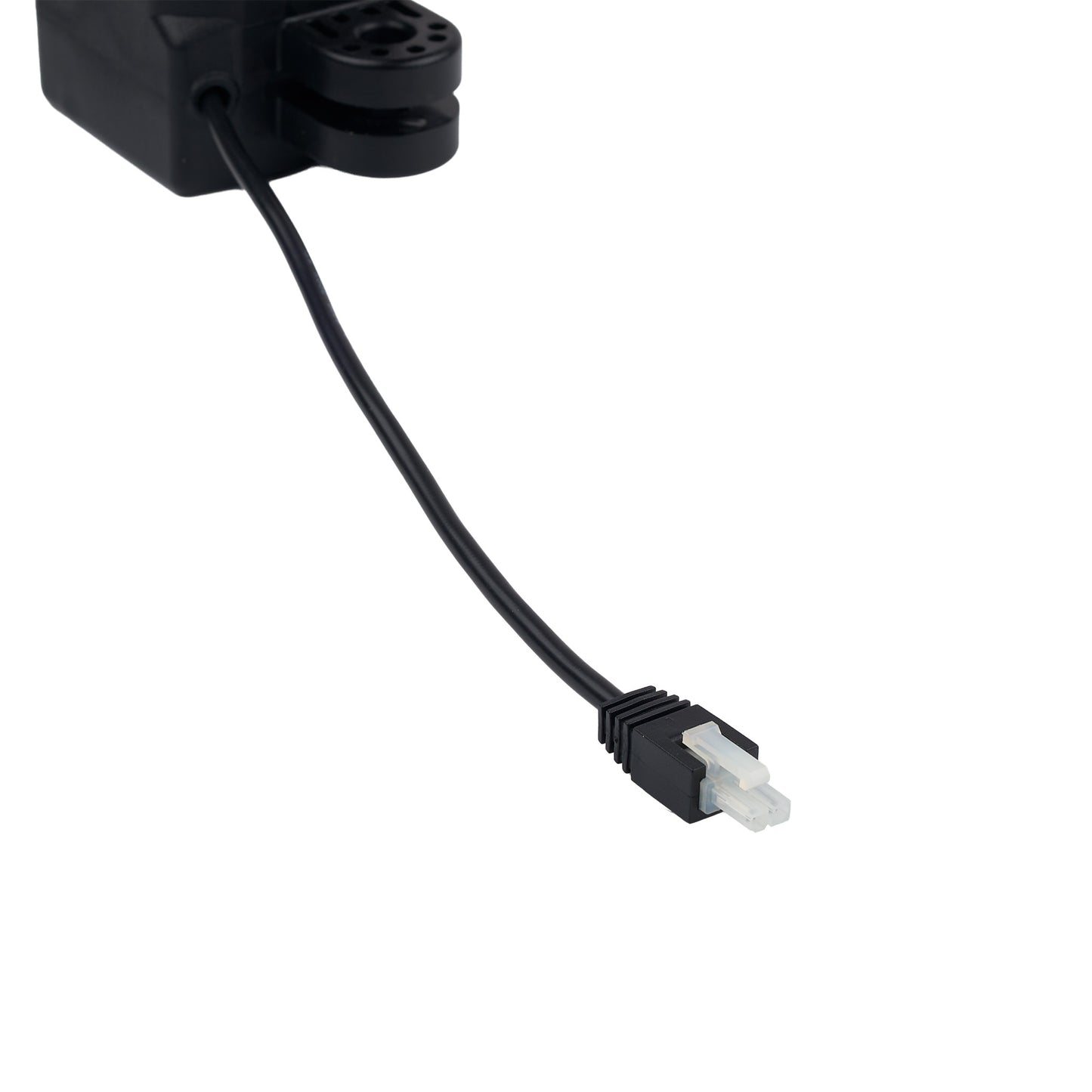 Black electronic component with a cable on a white background