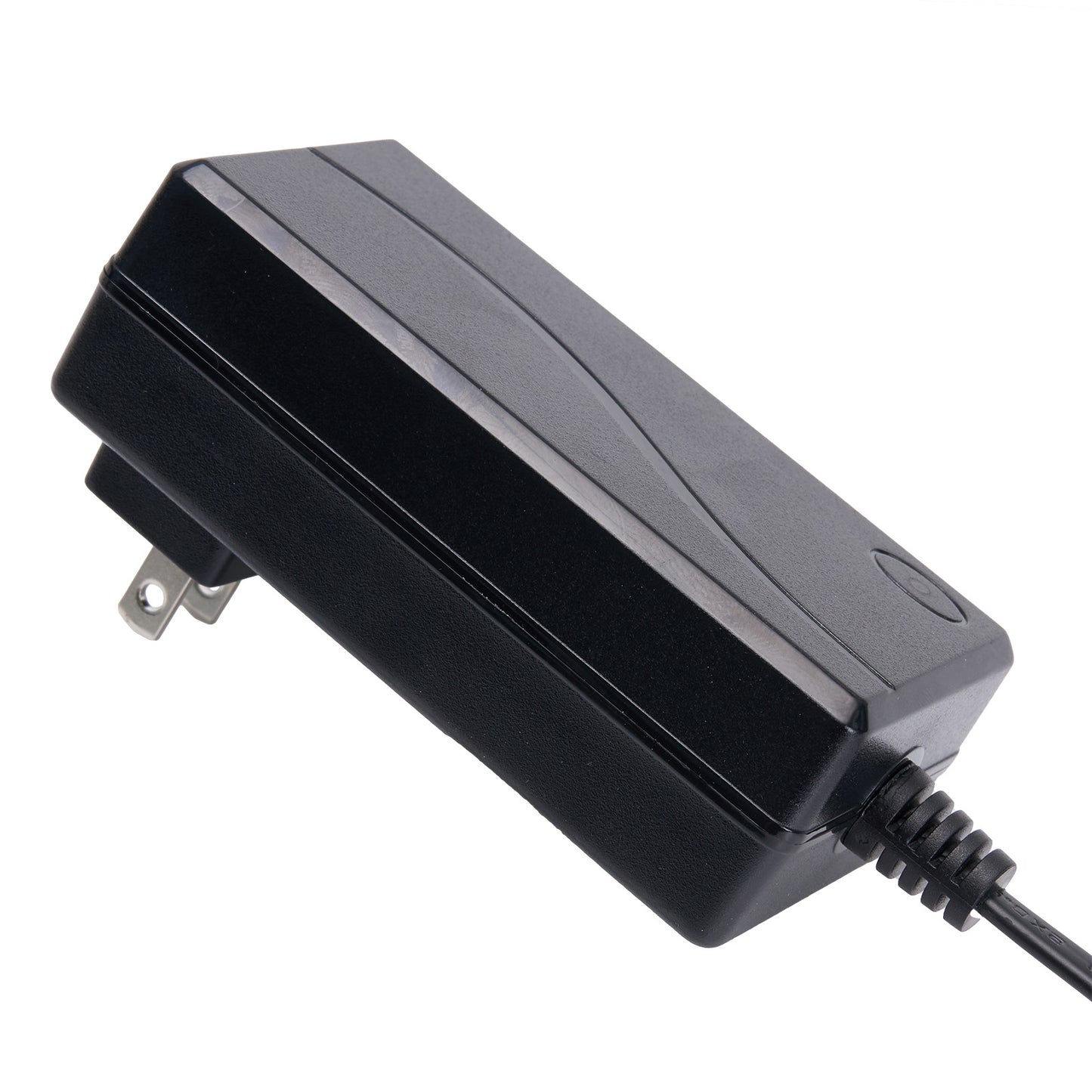 Black power adapter with plug on a white background