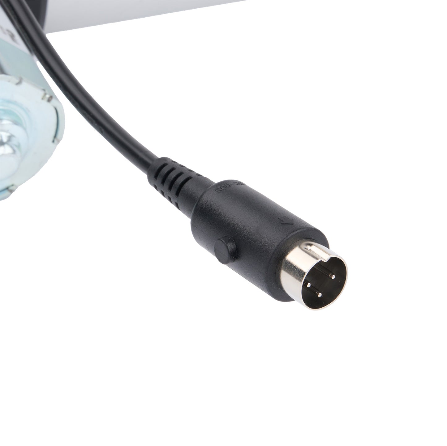 Black cable with a metal connector on a white background