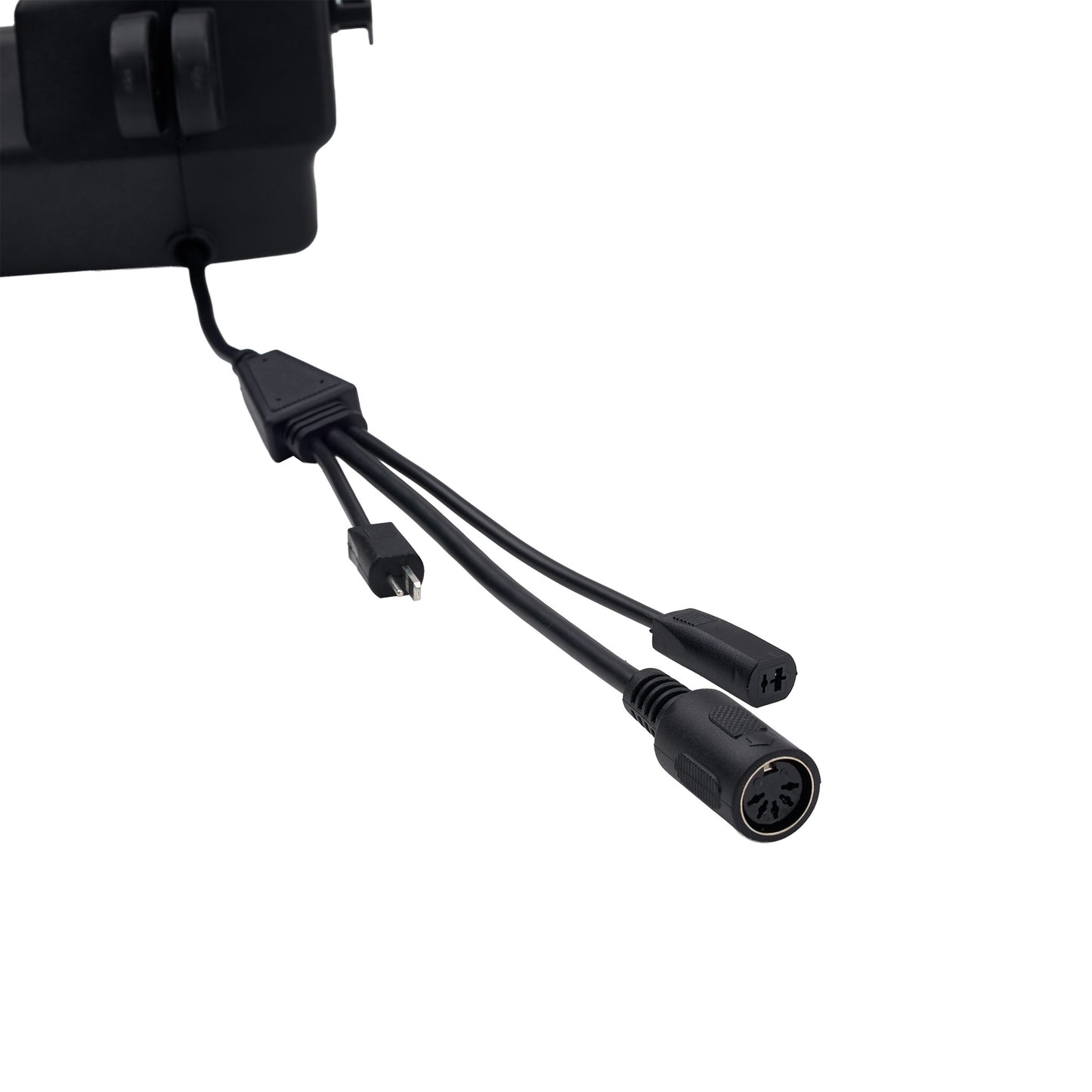 Black electrical cable with connectors on a white background