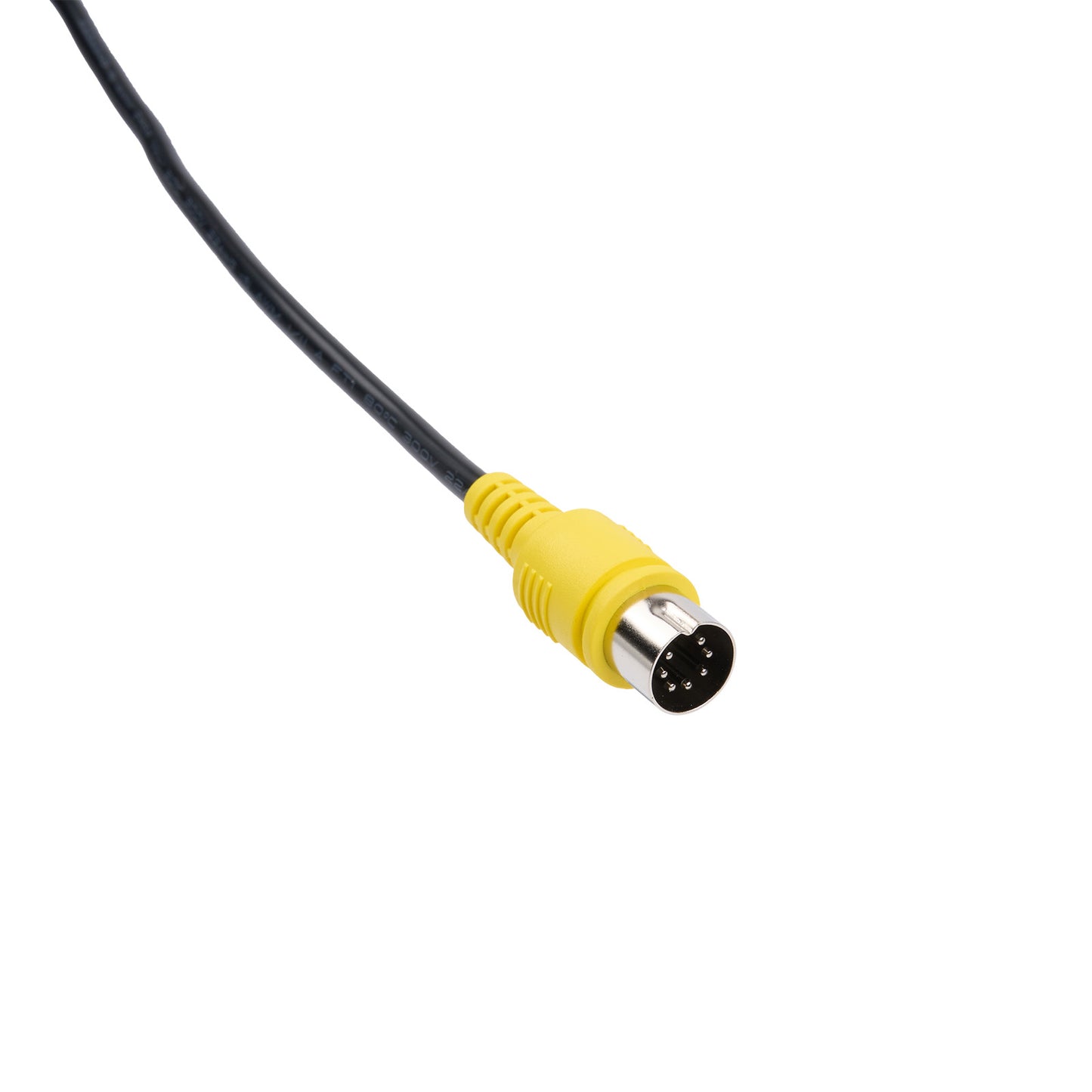 Black cable with a yellow connector on a white background