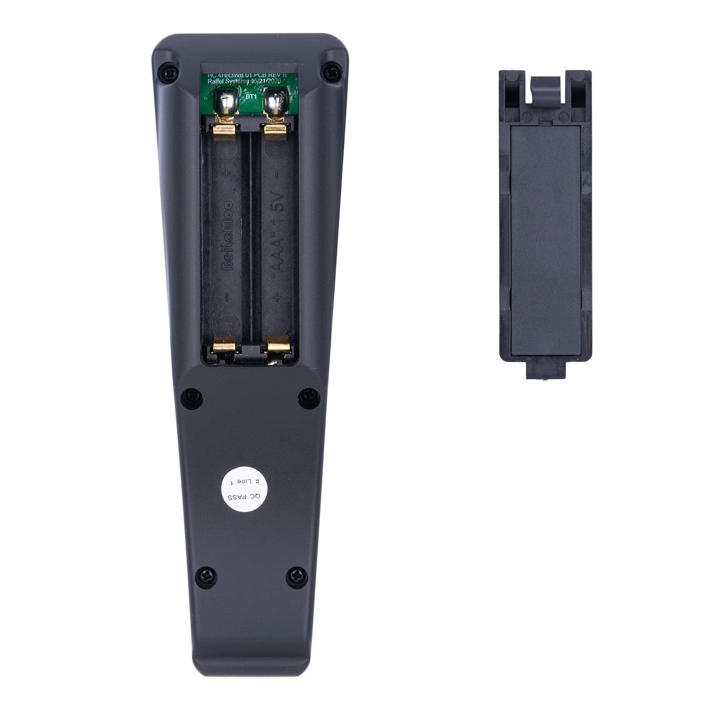Black electronic device with a green circuit board on a white background