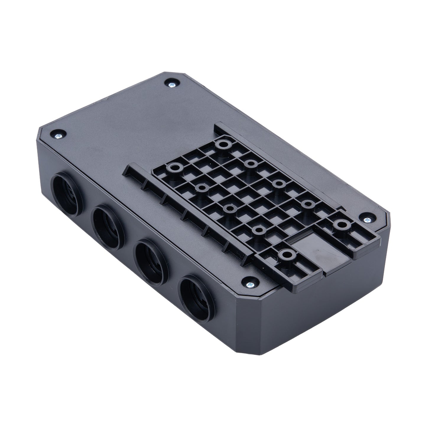 Black plastic component with multiple holes on a white background