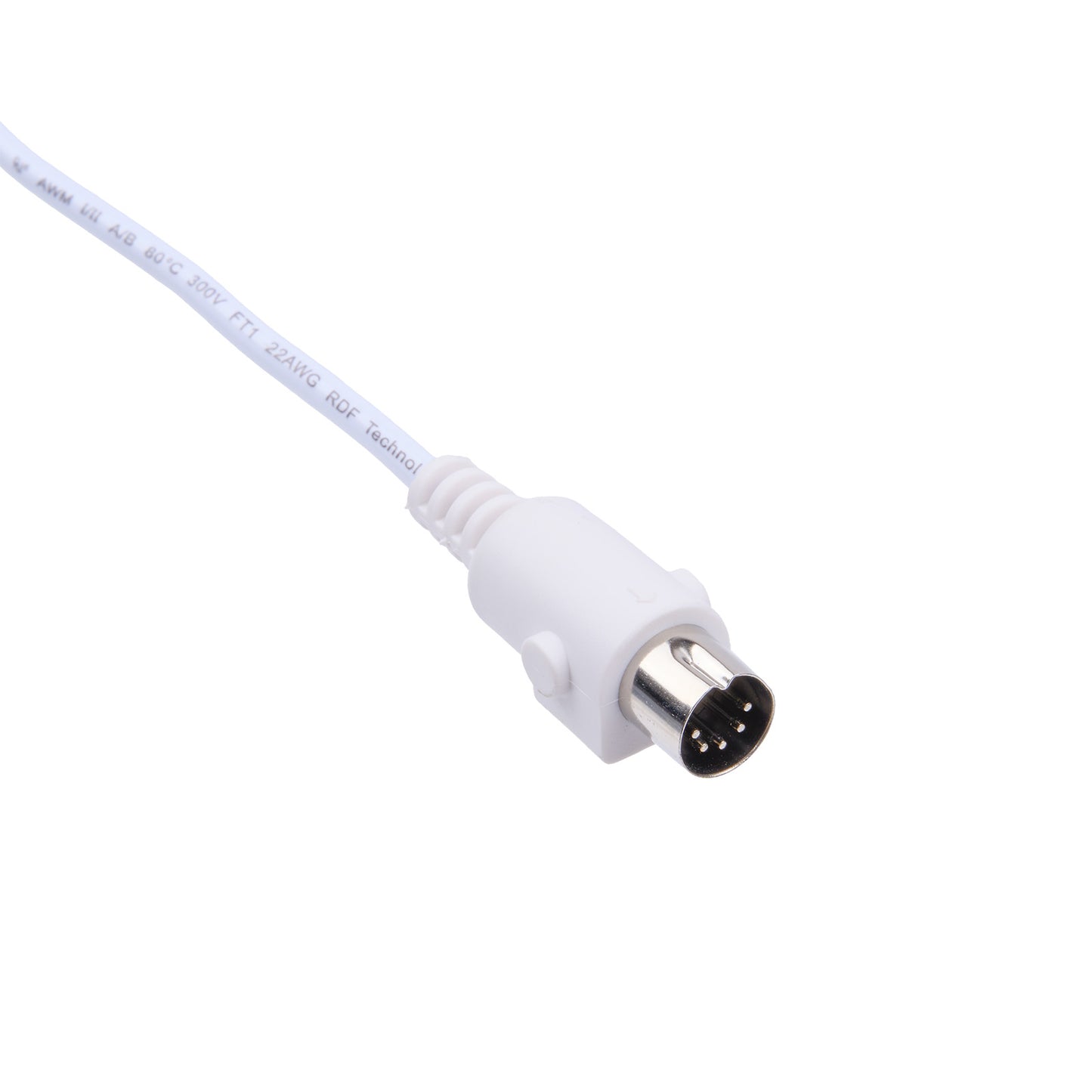 White medical cable with a connector on a white background