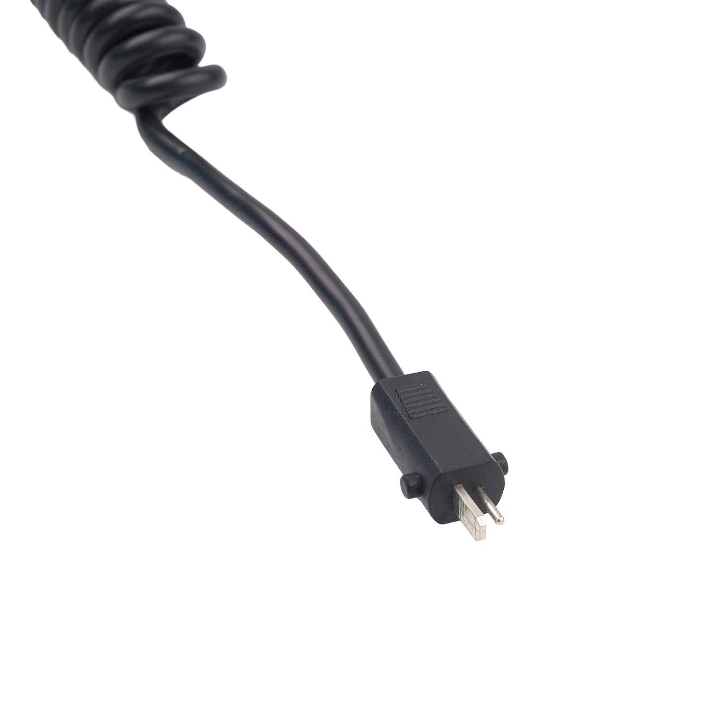 Black coiled cable with a plug on a white background