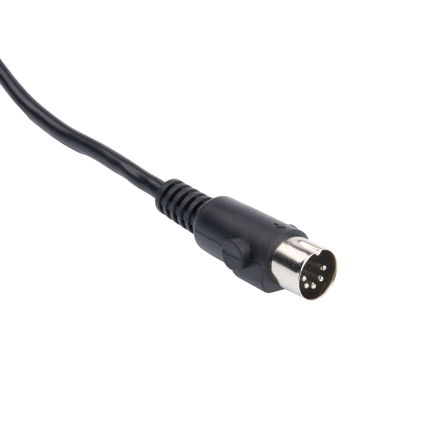A black multi-pin electrical or audio cable connector with a ribbed protective sleeve, shown on a plain white background.