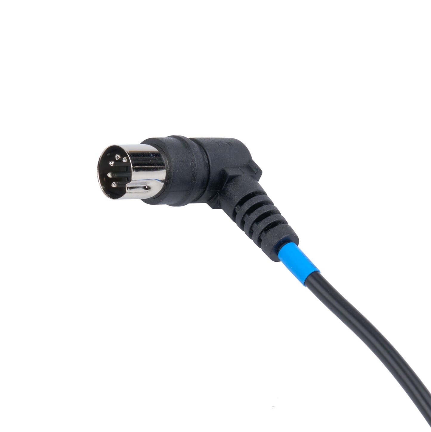 A black right-angle electrical cable connector with a silver metal plug and a bright blue cable tie, shown on a plain white background.