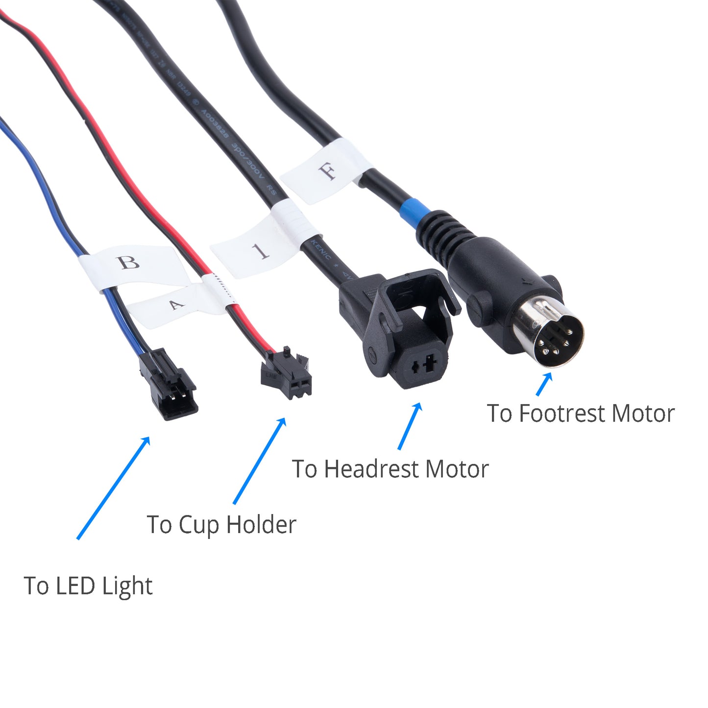 Black wiring harness cable with labeled connectors and blue, red, and black wires, shown on a white background with callout labels pointing to LED Light, Cup Holder, Headrest Motor, Footrest Motor, and B/A/F terminals.