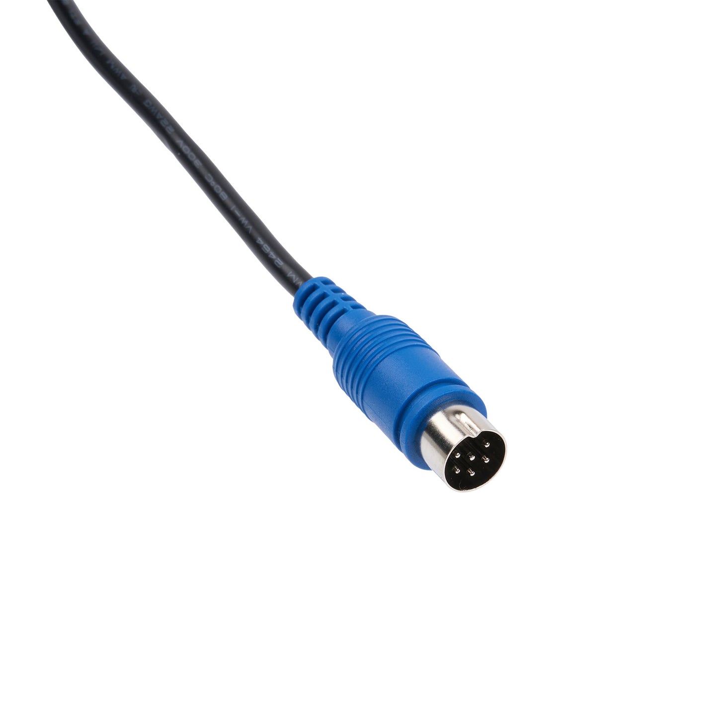 Black cable with a blue connector on a white background