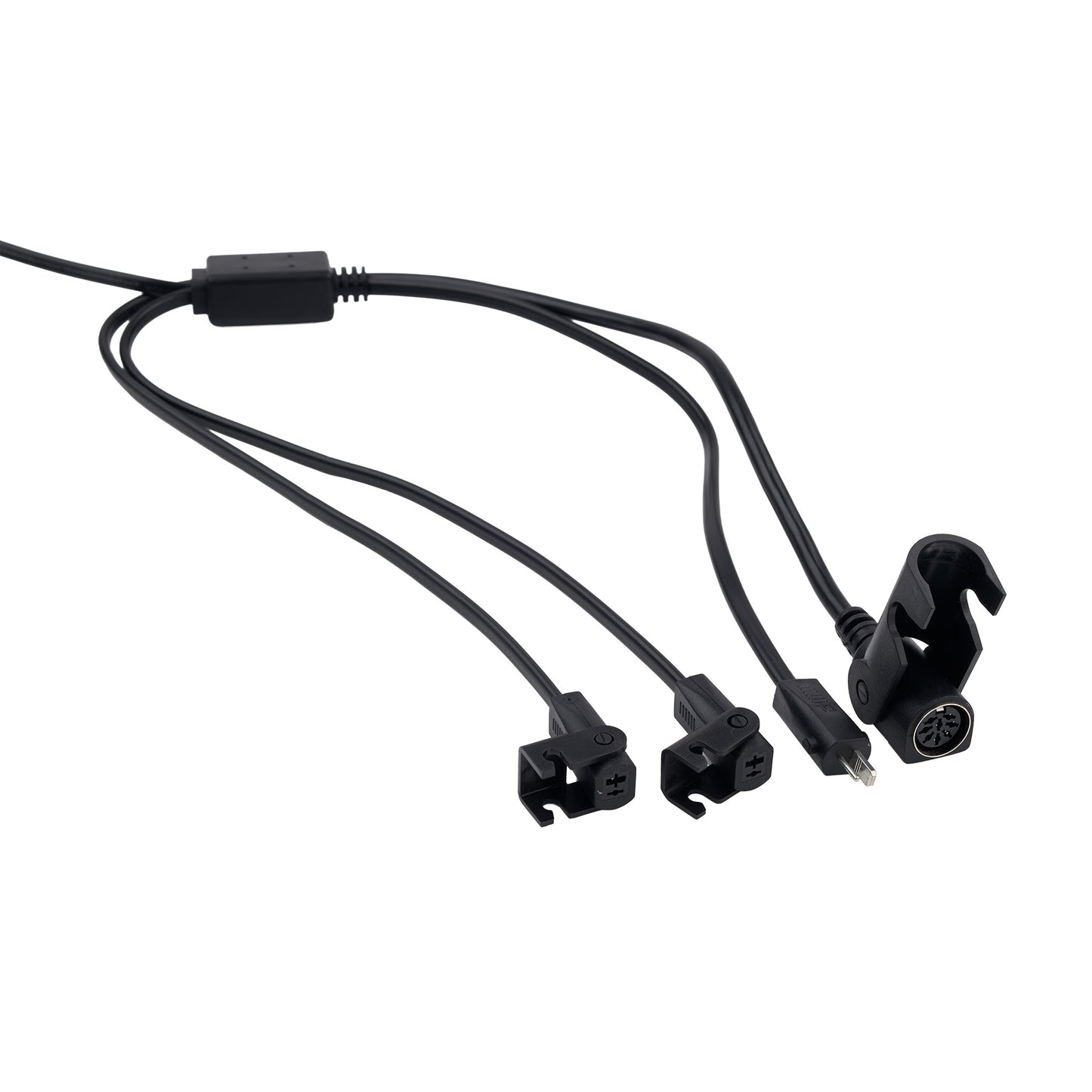 Black cable with multiple connectors on a white background