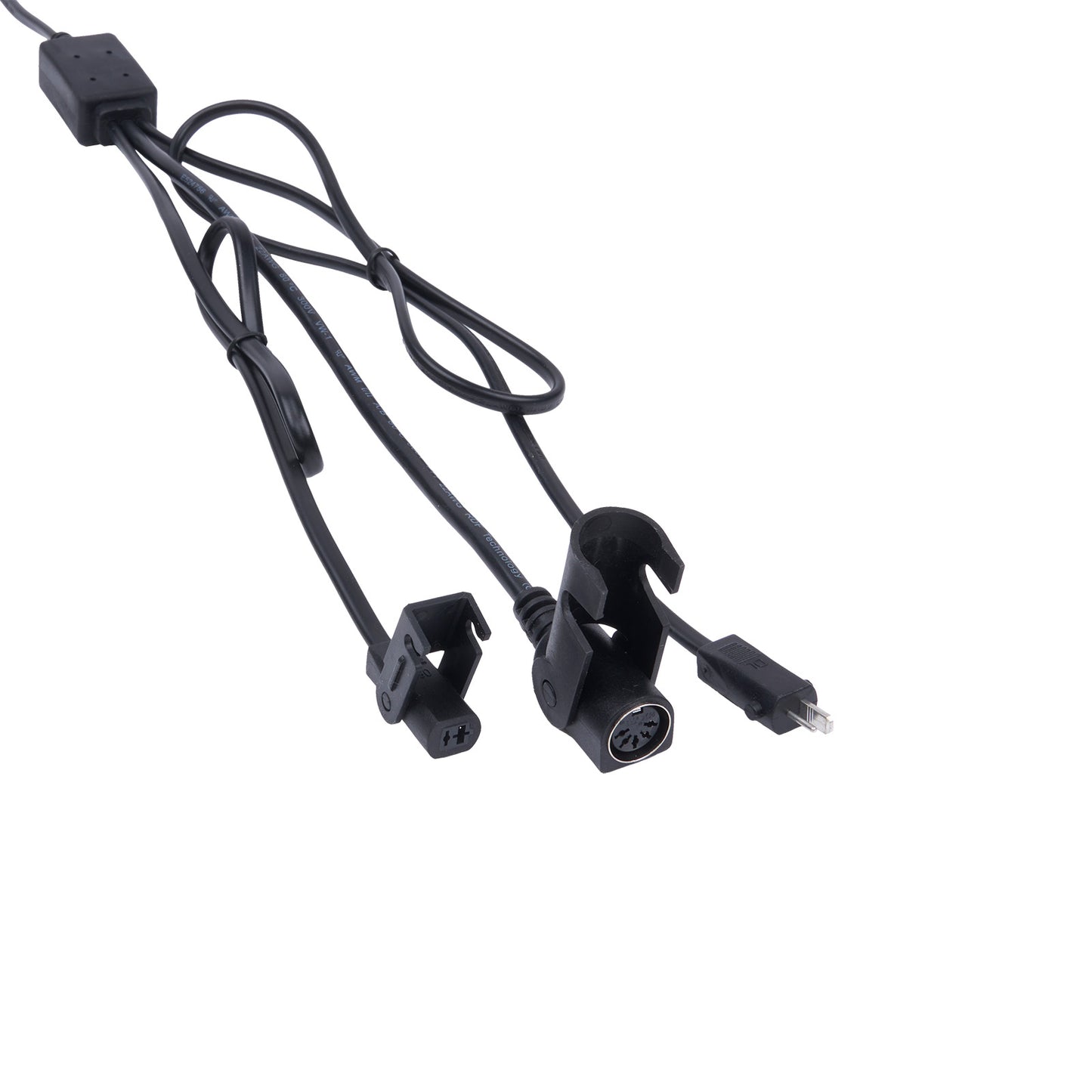 Black microphone cable with two clips on a white background
