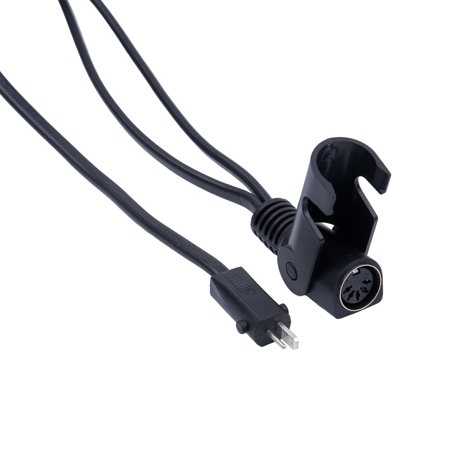 Black audio cable with plug and connector on a white background