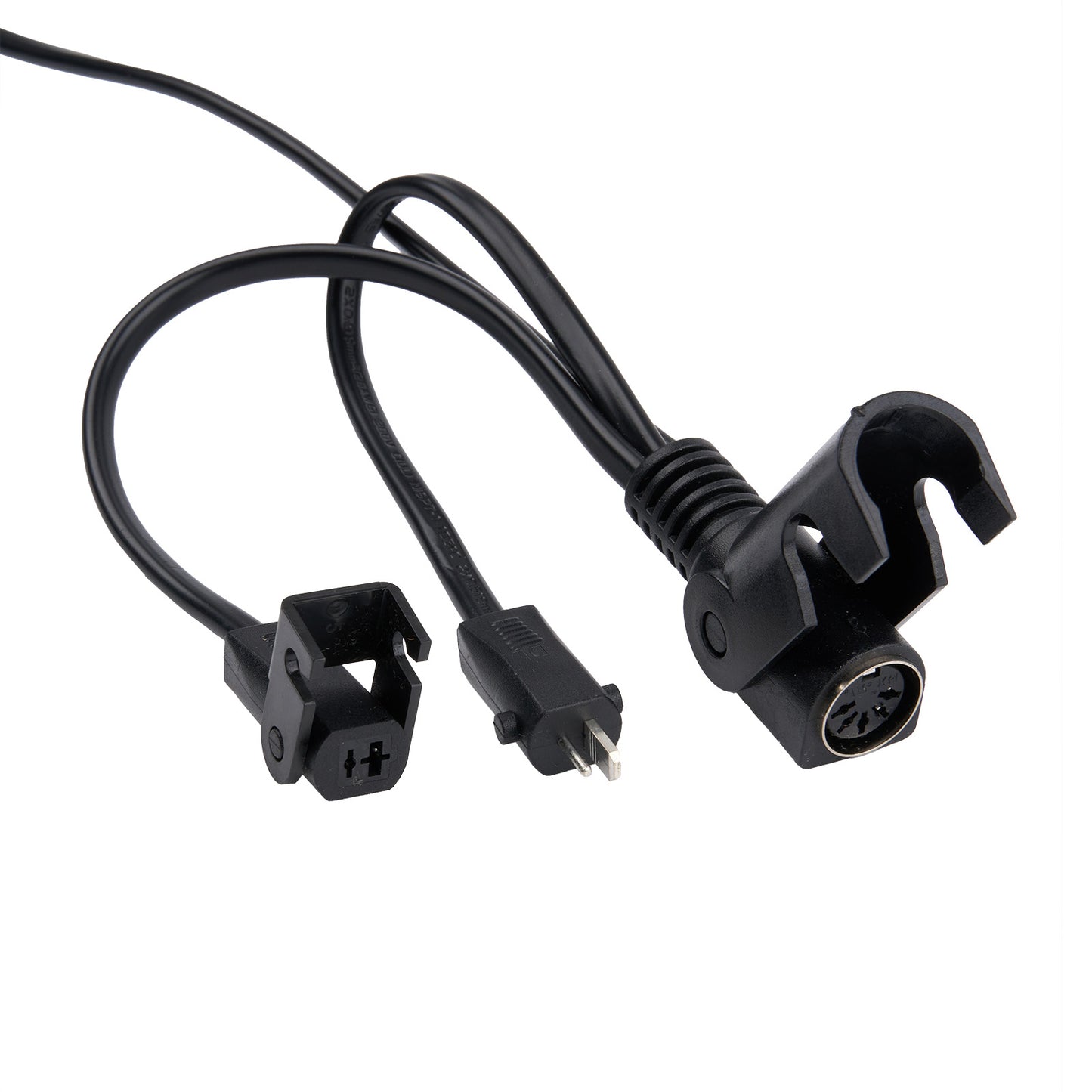 Black audio cable with connectors on a white background