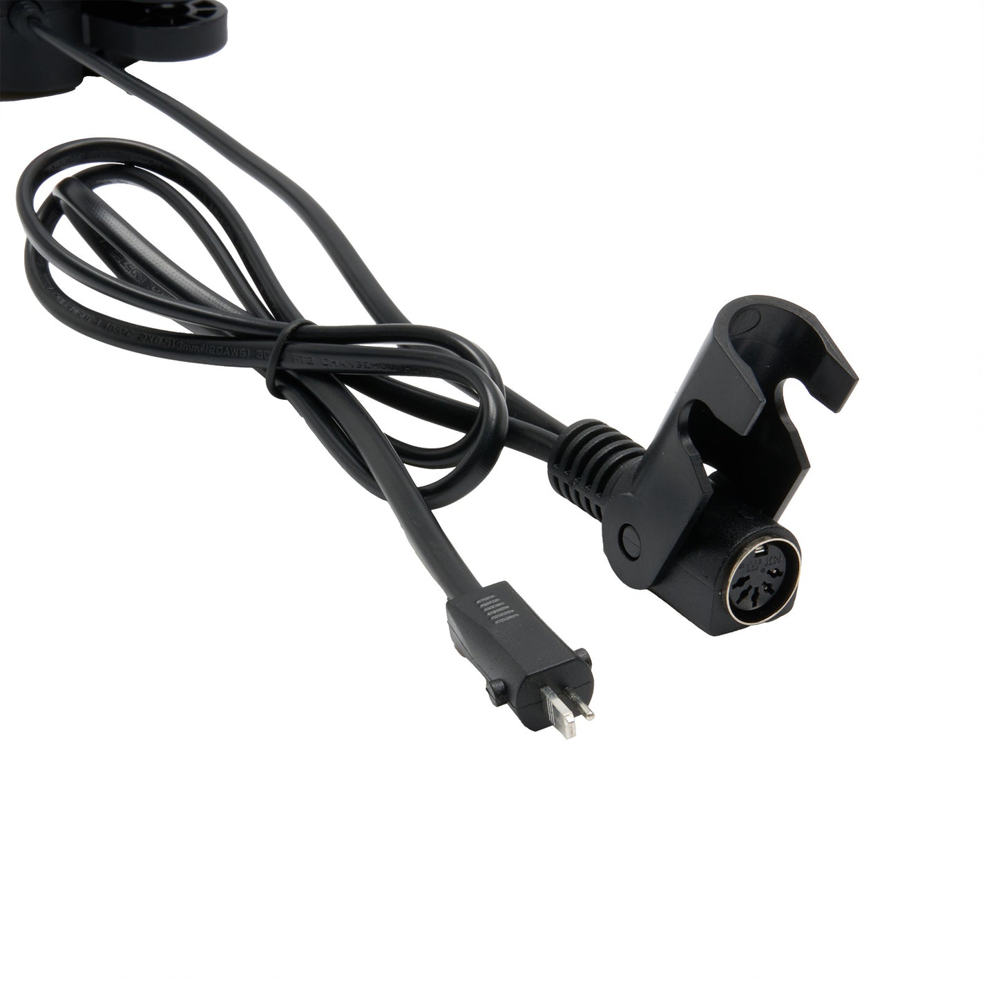 Black power adapter with cable on a white background