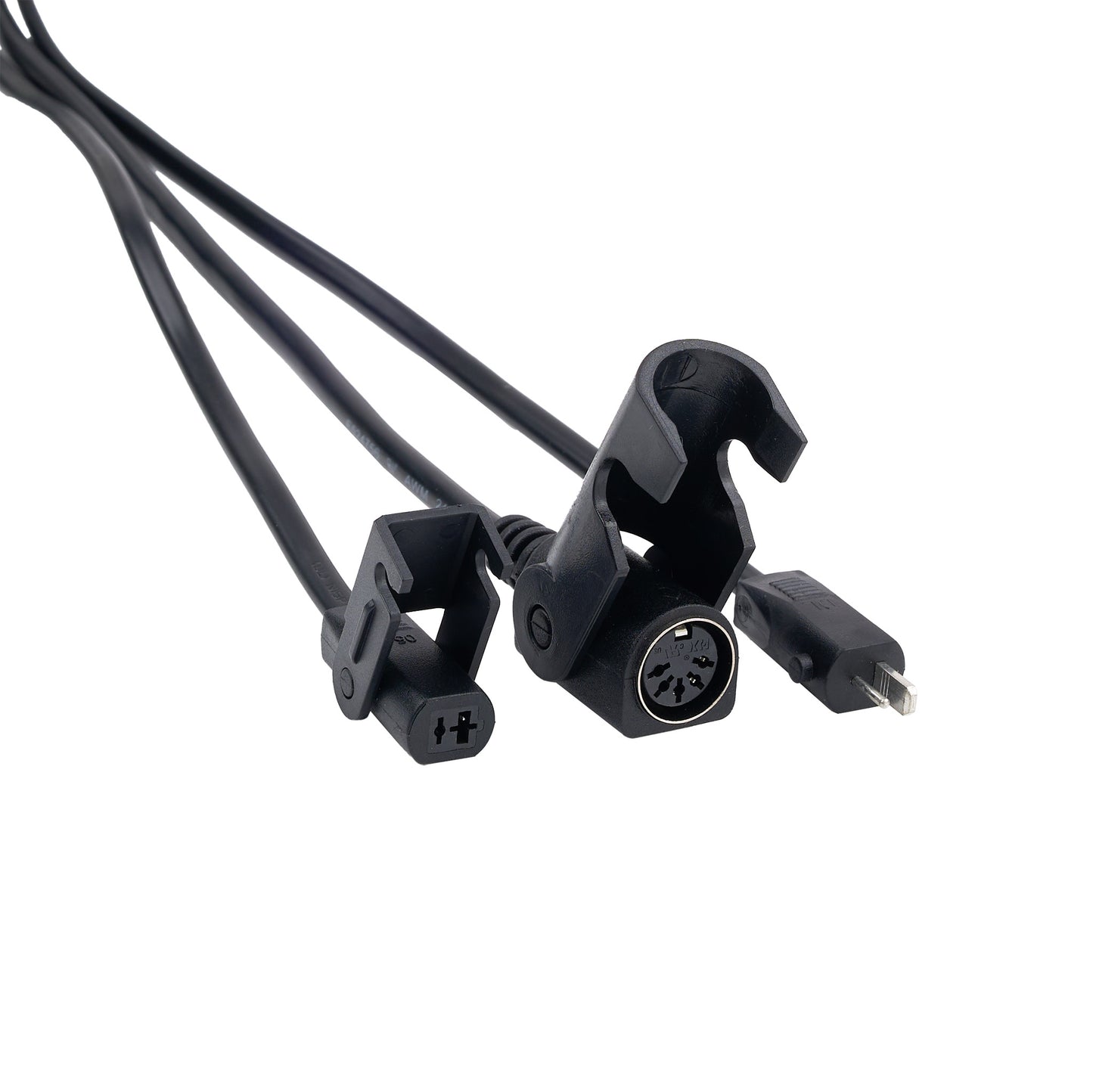 Black audio cable with XLR and 3.5mm connectors on a white background