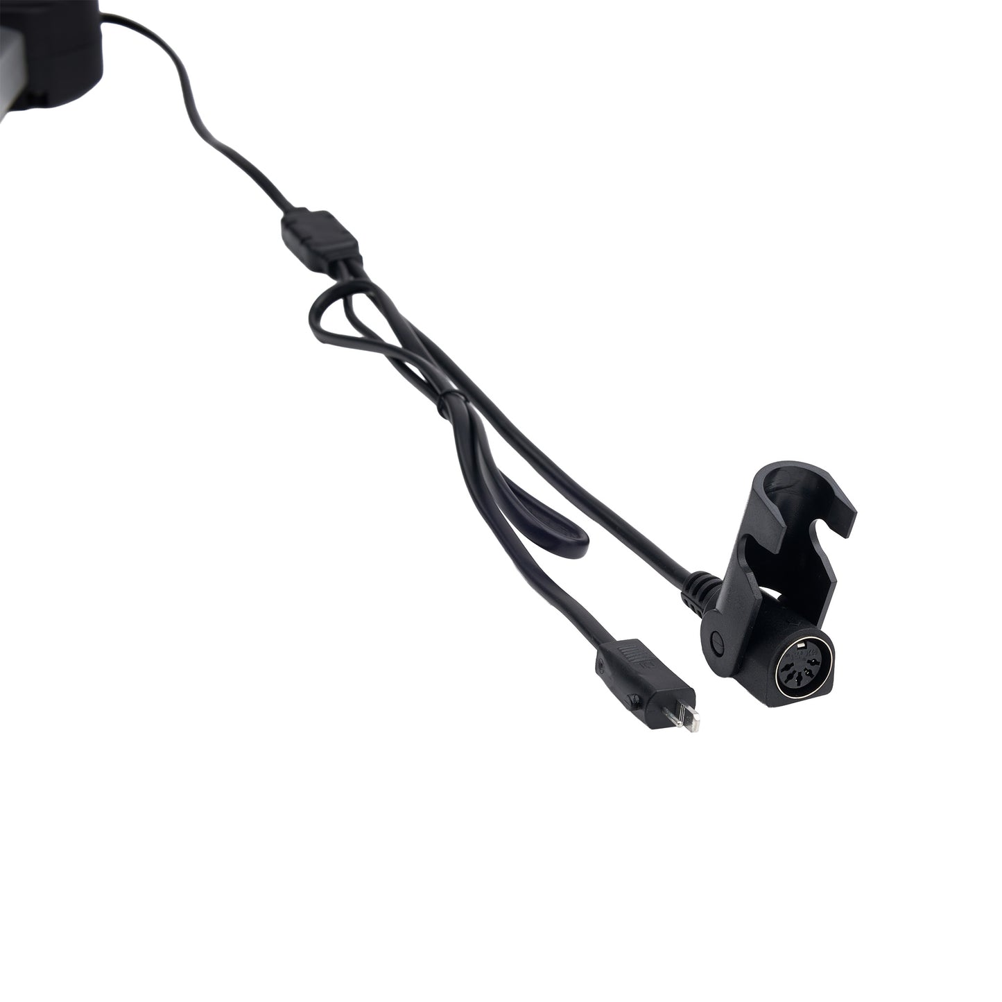 Black camera mount with cable on a white background