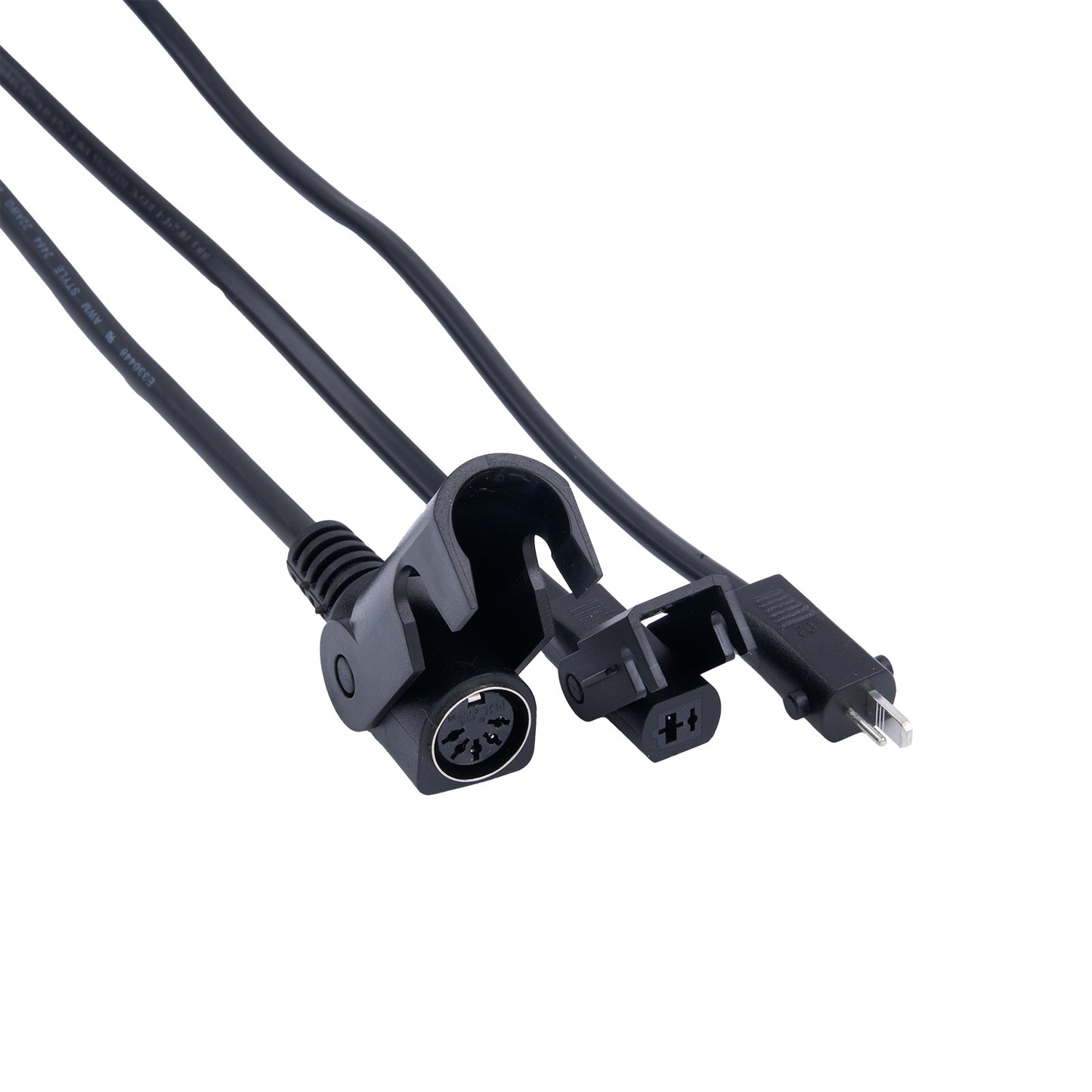Black cable with connectors on a white background
