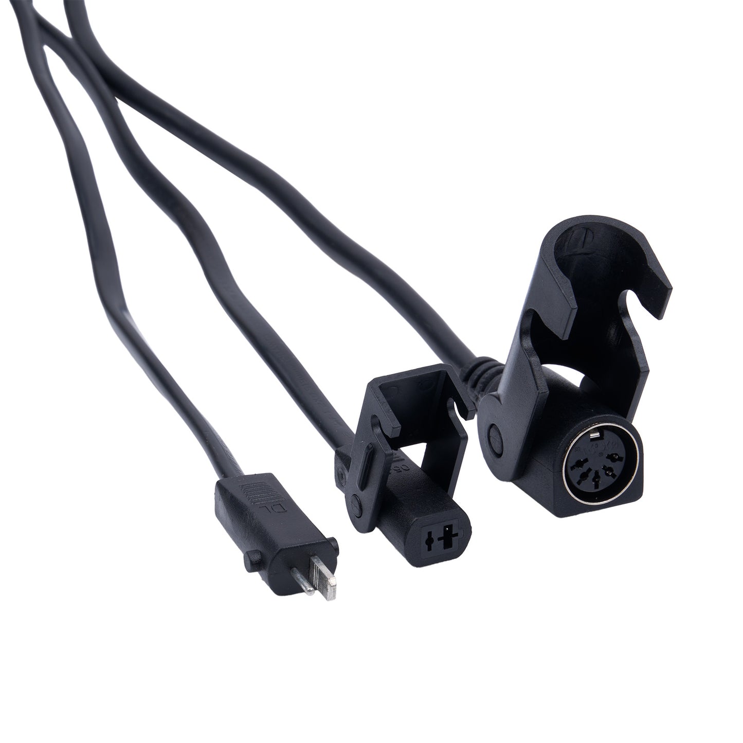 Black electrical cord with plug and connectors on a white background