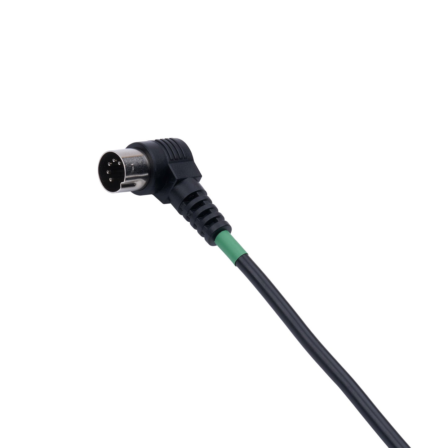 Black cable with a green connector on a white background