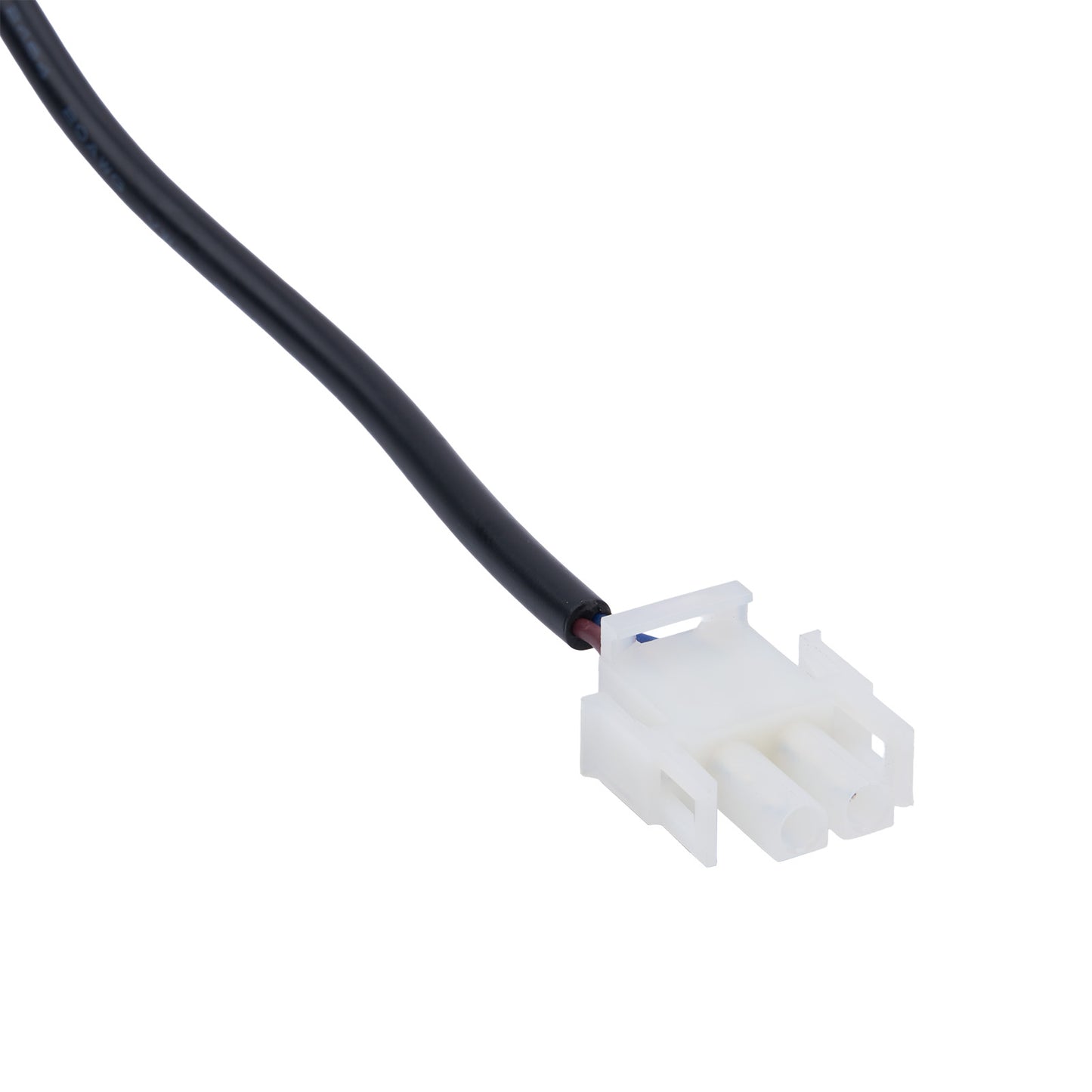 White electrical connector with black wire on a white background
